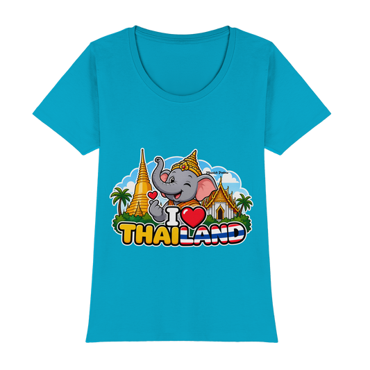Lächelnder Elefant auf türkisem Damen Premium Classic T-Shirt mit Thailand-Motiv, Munich Palms Design, Frontansicht