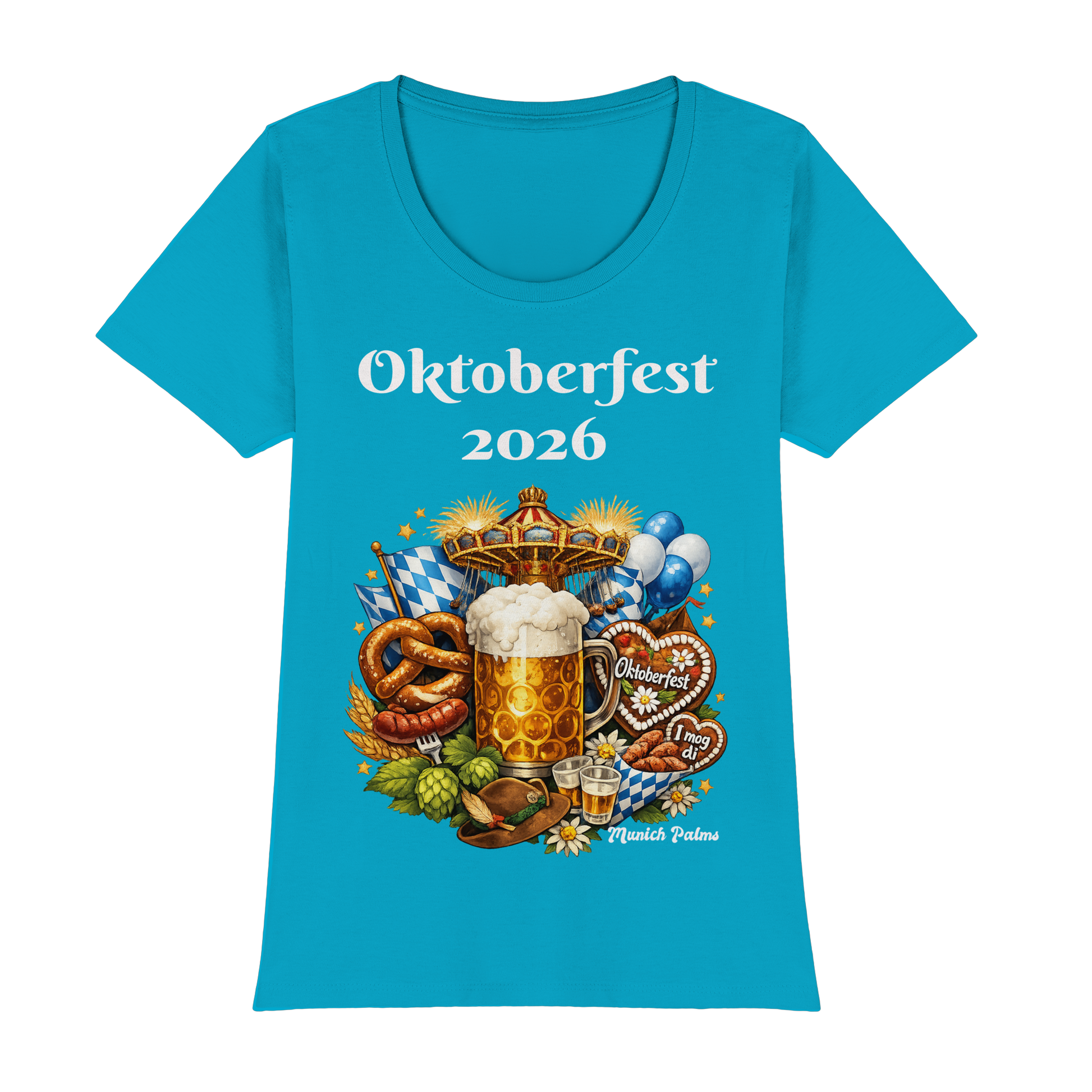 Frauen-Premium-Classic-T-Shirt mit Oktoberfest 2026 München Design in Türkis, Vorderansicht, bequem und stilvoll.