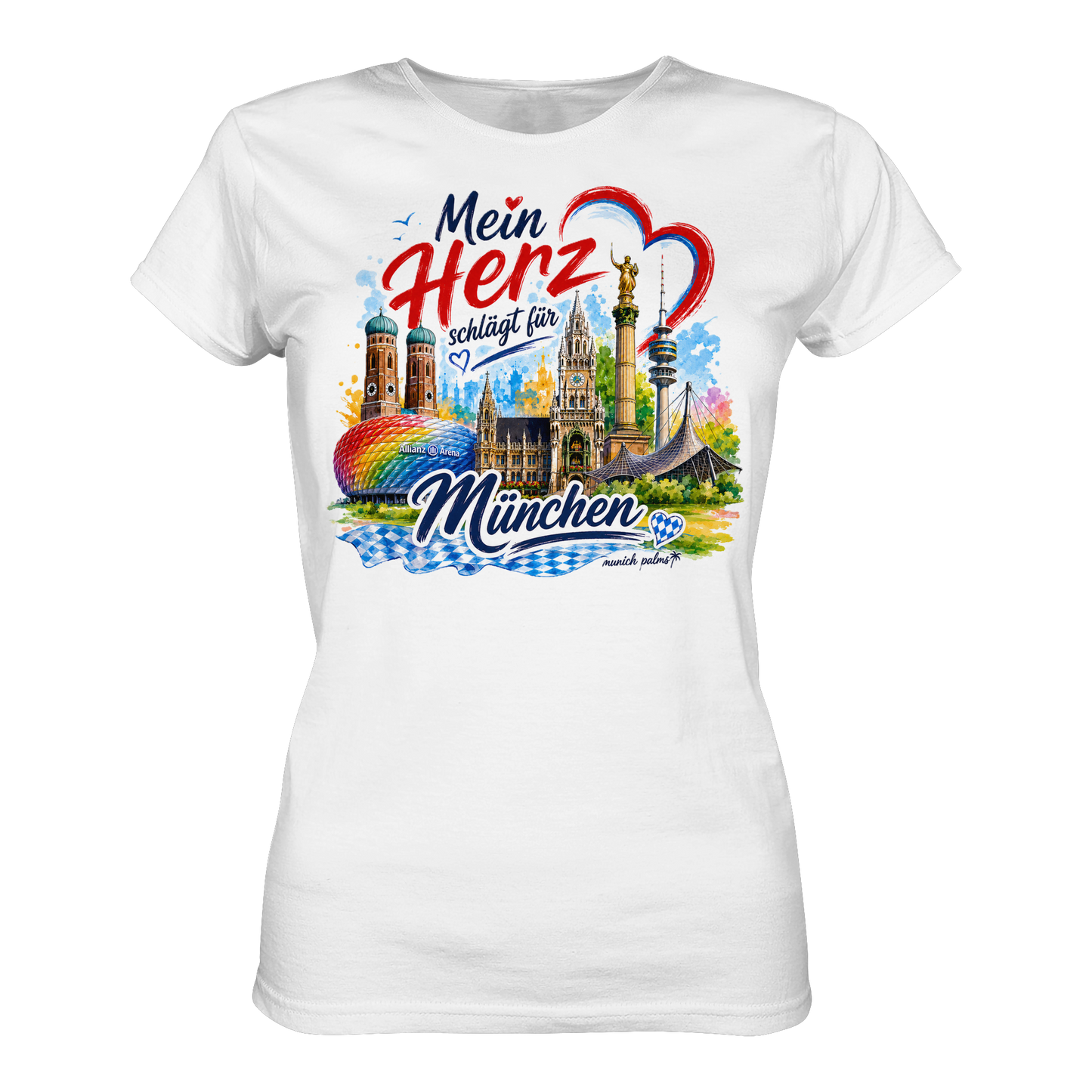 Weißes Damen-T-Shirt mit buntem München-Design und Wahrzeichen, hochwertiges Premium Classic T-Shirt von Munich Palms.