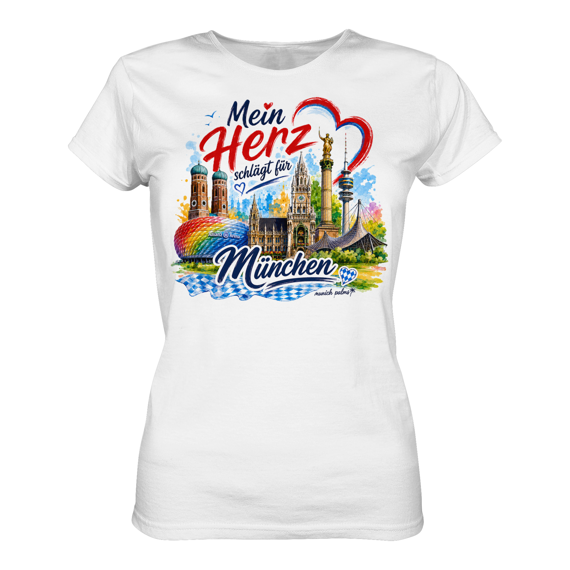 Weißes Damen-T-Shirt mit buntem München-Design und Wahrzeichen, hochwertiges Premium Classic T-Shirt von Munich Palms.