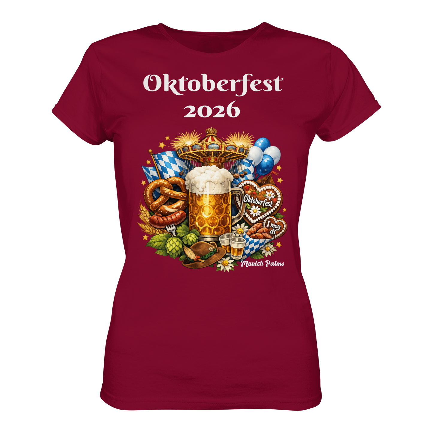 Frauen Premium T-Shirt mit Oktoberfest 2026 München Design, bequeme Damen-Dirndl-Shirt in Weinrot, Frontansicht