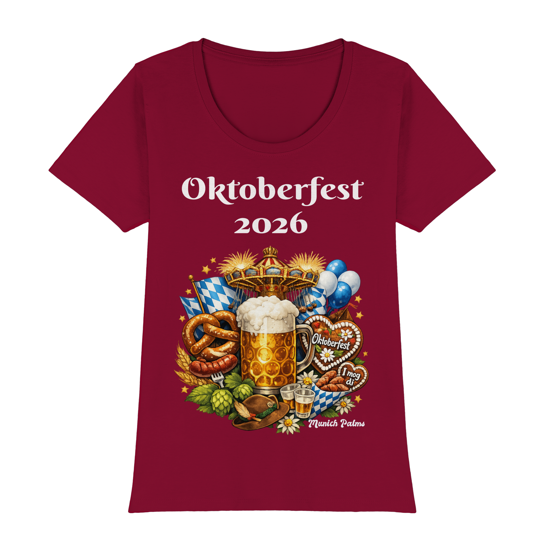 Damen Premium T-Shirt mit Oktoberfest 2026 Munich Design, Vorderansicht, Weinfarbe, klassische Passform, Online Kaufhaus München