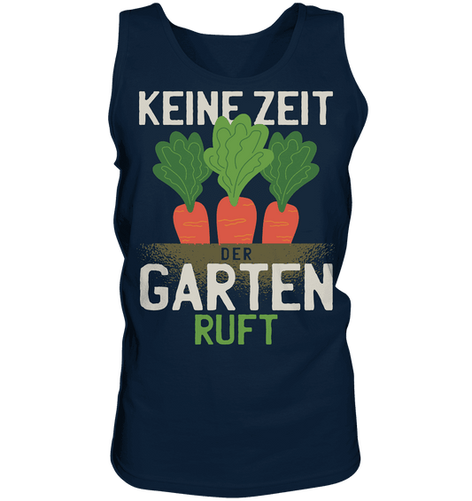 Navy Tank-Top von Online Kaufhaus München mit Aufschrift „Keine Zeit, der Garten ruft“ für Damen, sommerlich und bequem.