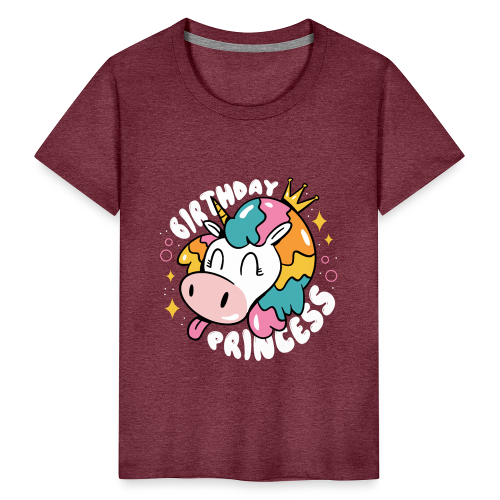 Kinder Premium T- Shirt Geburtstag Prinzessin -Einhorn - Bordeauxrot meliert