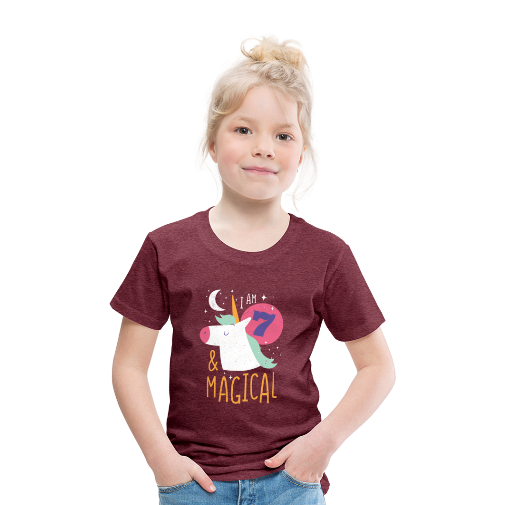 Kinder Premium T-Shirt Einhorn 7.Geburtstag - Bordeauxrot meliert