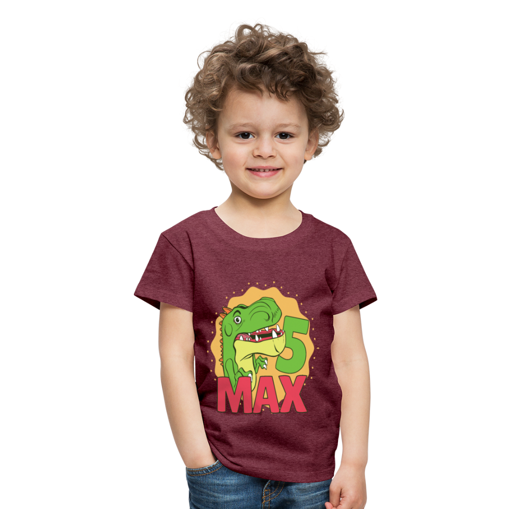 Kinder Premium T-Shirt Dino 5.Geburtstag - Bordeauxrot meliert