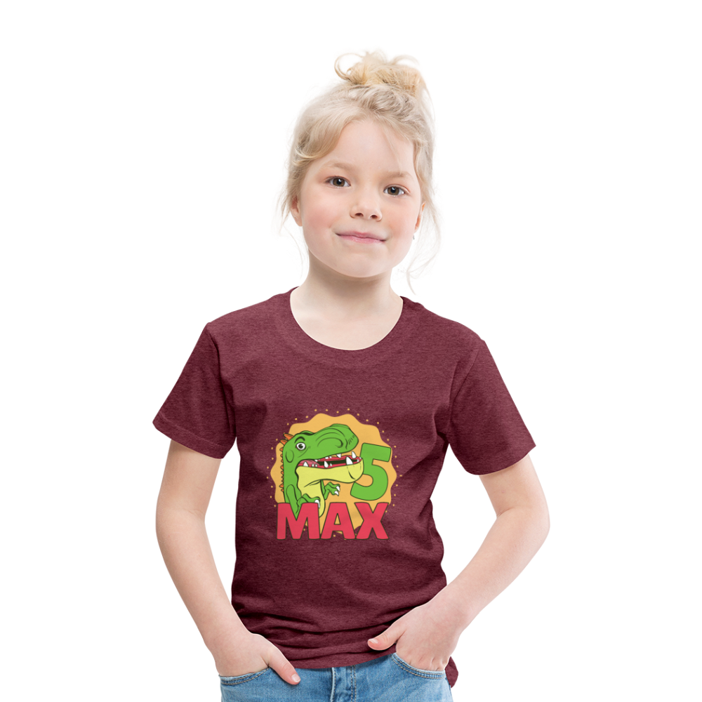 Kinder Premium T-Shirt Dino 5.Geburtstag - Bordeauxrot meliert