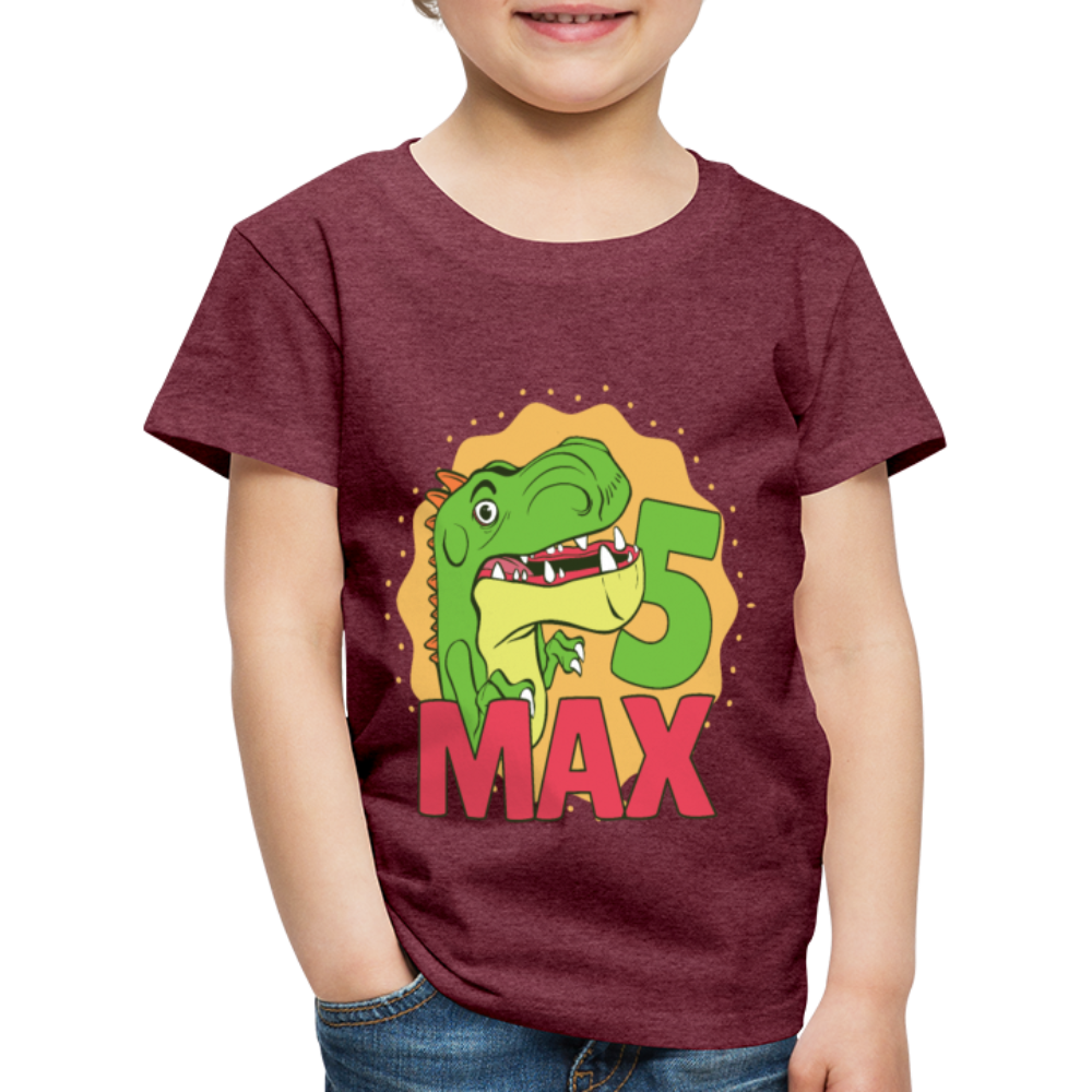 Kinder Premium T-Shirt Dino 5.Geburtstag - Bordeauxrot meliert