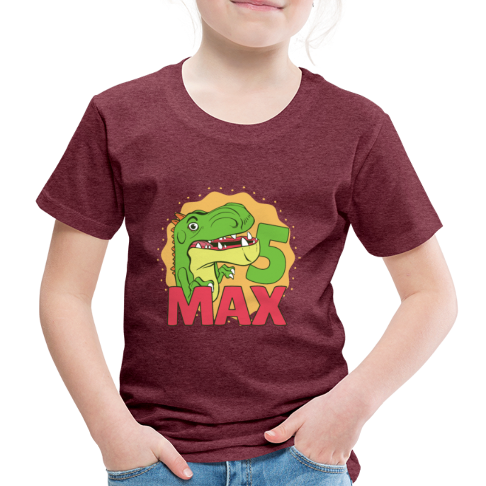 Kinder Premium T-Shirt Dino 5.Geburtstag - Bordeauxrot meliert