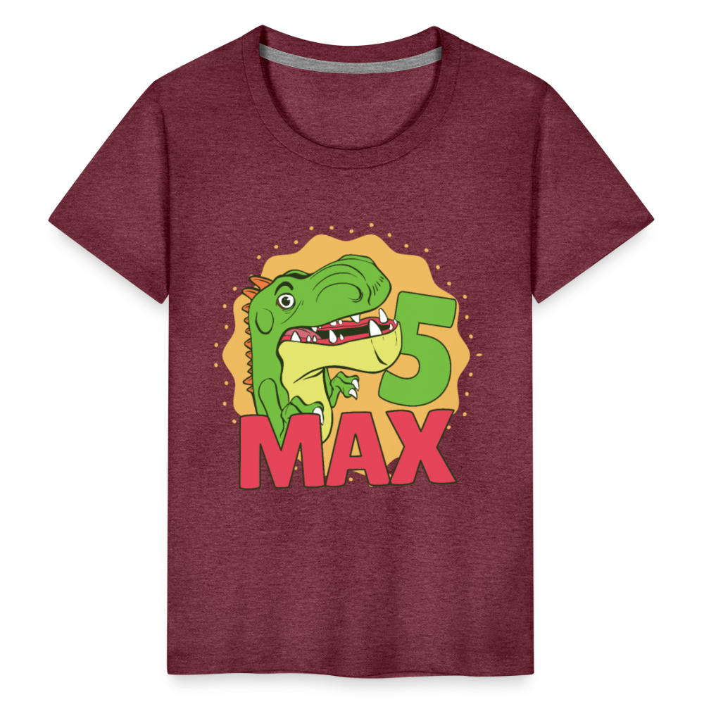 Kinder Premium T-Shirt Dino 5.Geburtstag - Bordeauxrot meliert