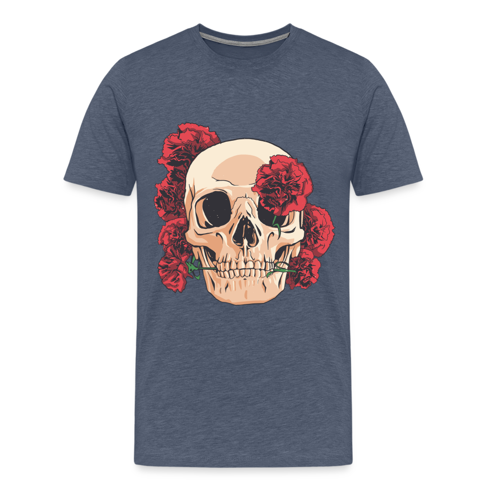 Herren - Männer Premium T-Shirt Totenkopf mit Rosen Design - Blau meliert