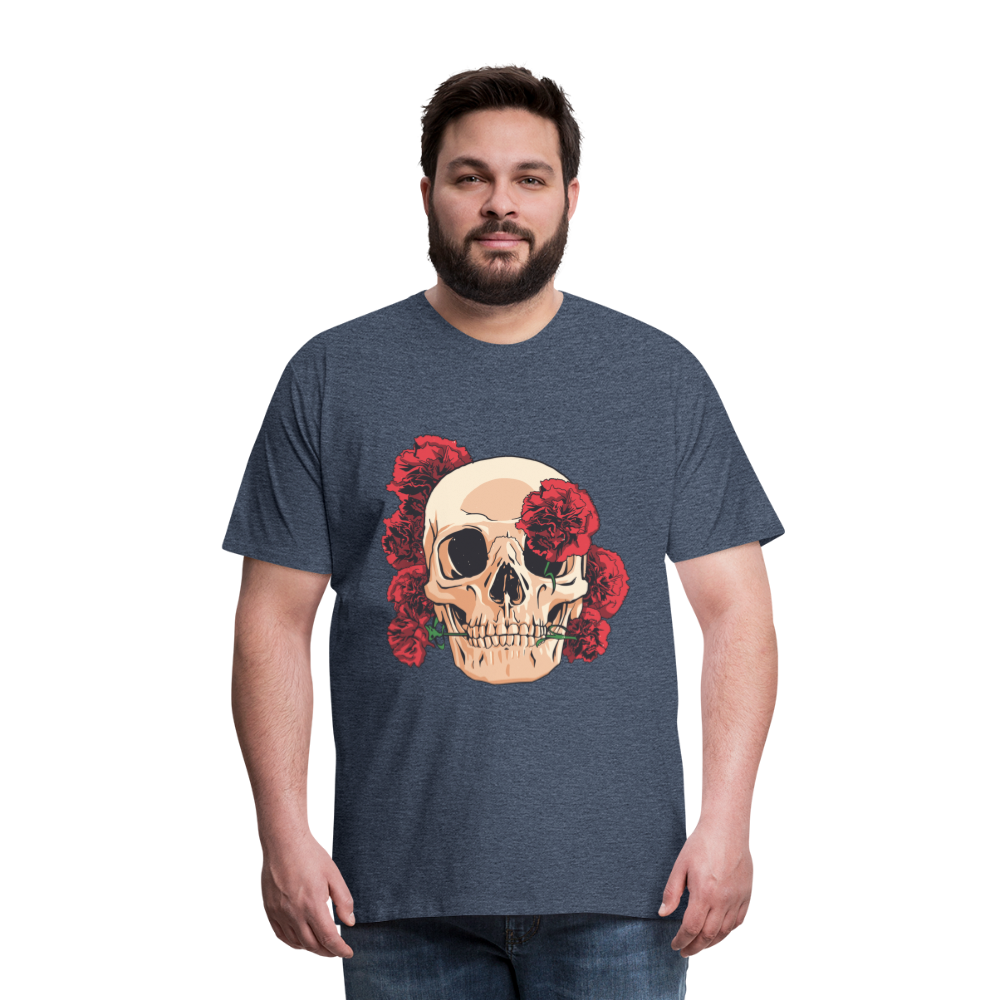 Herren - Männer Premium T-Shirt Totenkopf mit Rosen Design - Blau meliert