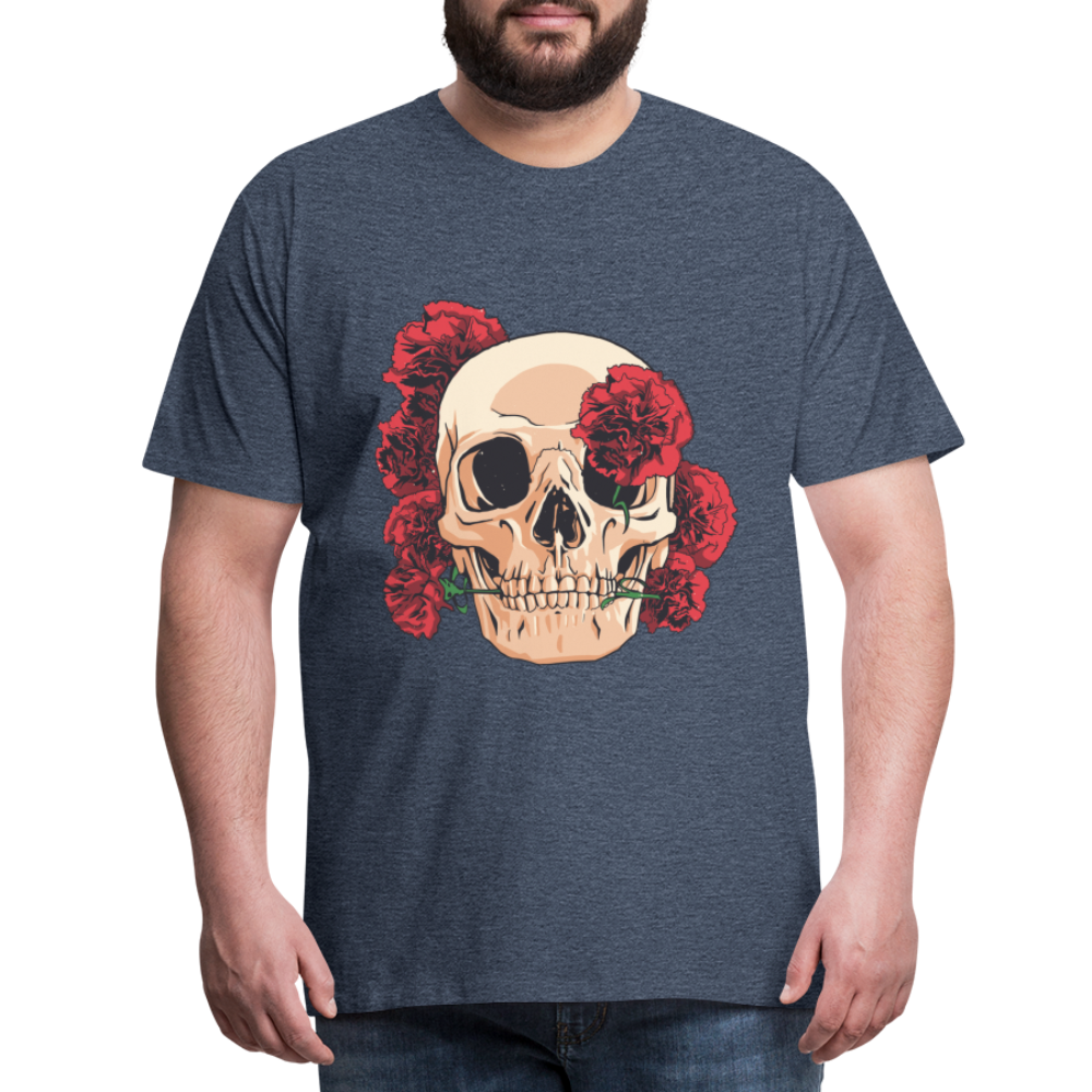 Herren - Männer Premium T-Shirt Totenkopf mit Rosen Design - Blau meliert