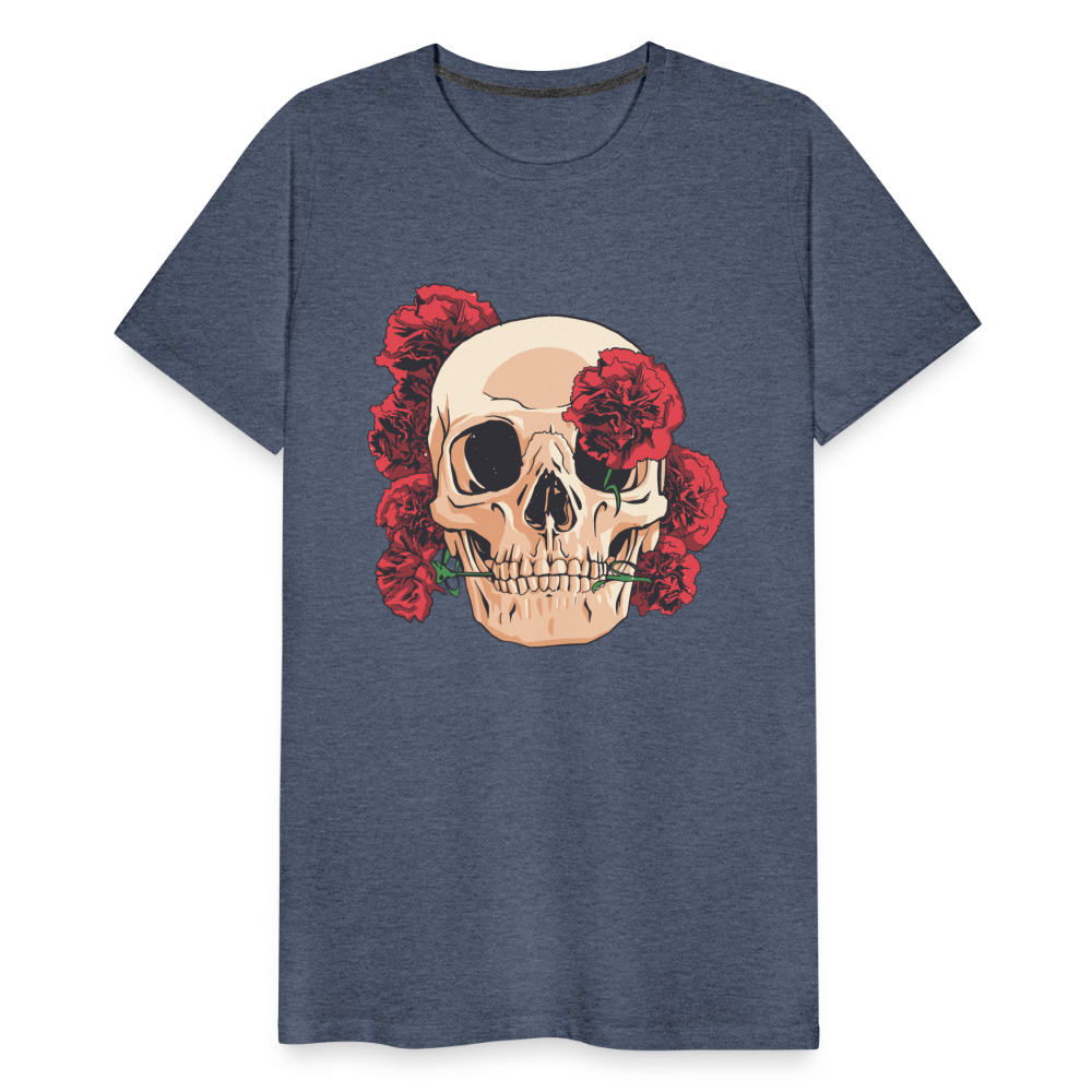 Herren - Männer Premium T-Shirt Totenkopf mit Rosen Design - Blau meliert