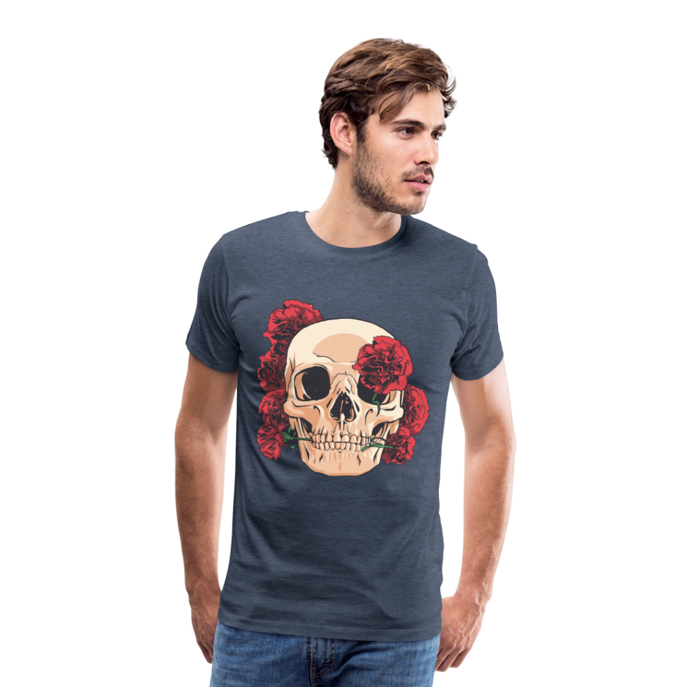 Herren - Männer Premium T-Shirt Totenkopf mit Rosen Design - Blau meliert