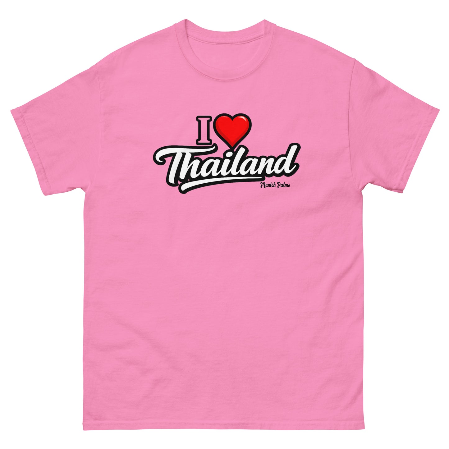 Unisex T-Shirt "I love Thailand" in Azalea mit klassischem Design, bequemes Basic-Shirt, Vorderansicht, Online Kaufhaus München.