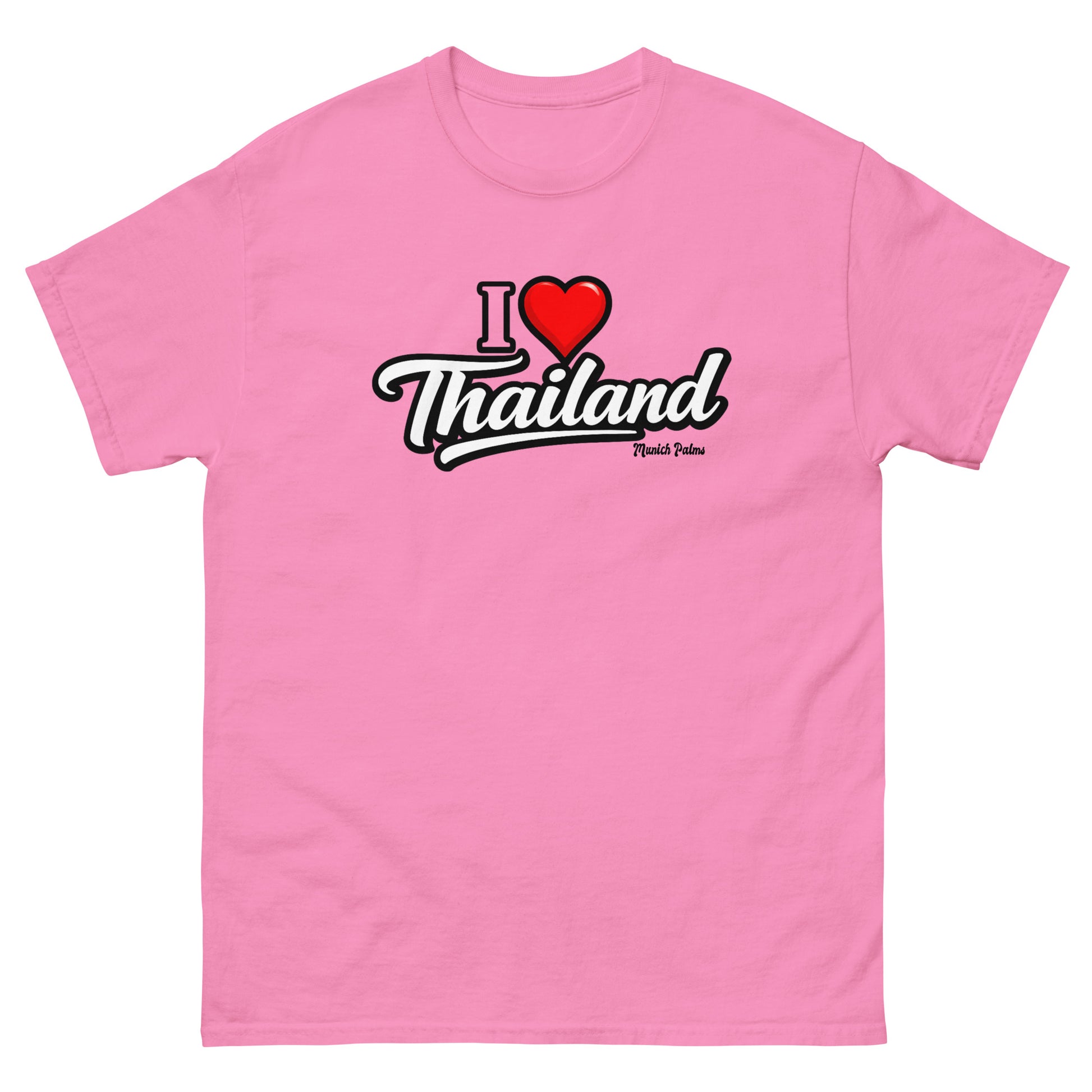 Unisex T-Shirt "I love Thailand" in Azalea mit klassischem Design, bequemes Basic-Shirt, Vorderansicht, Online Kaufhaus München.
