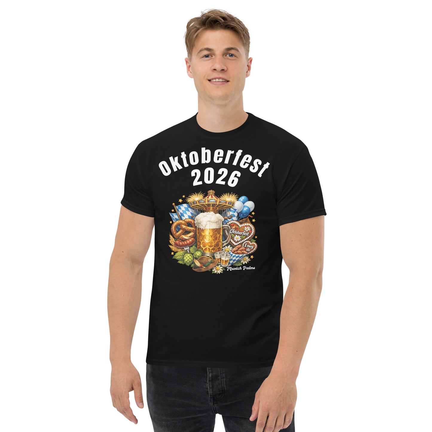 Schwarzes Unisex-T-Shirt Oktoberfest 2026 München Edition mit klassischem Schnitt, vorne sichtbar auf weißem Hintergrund.