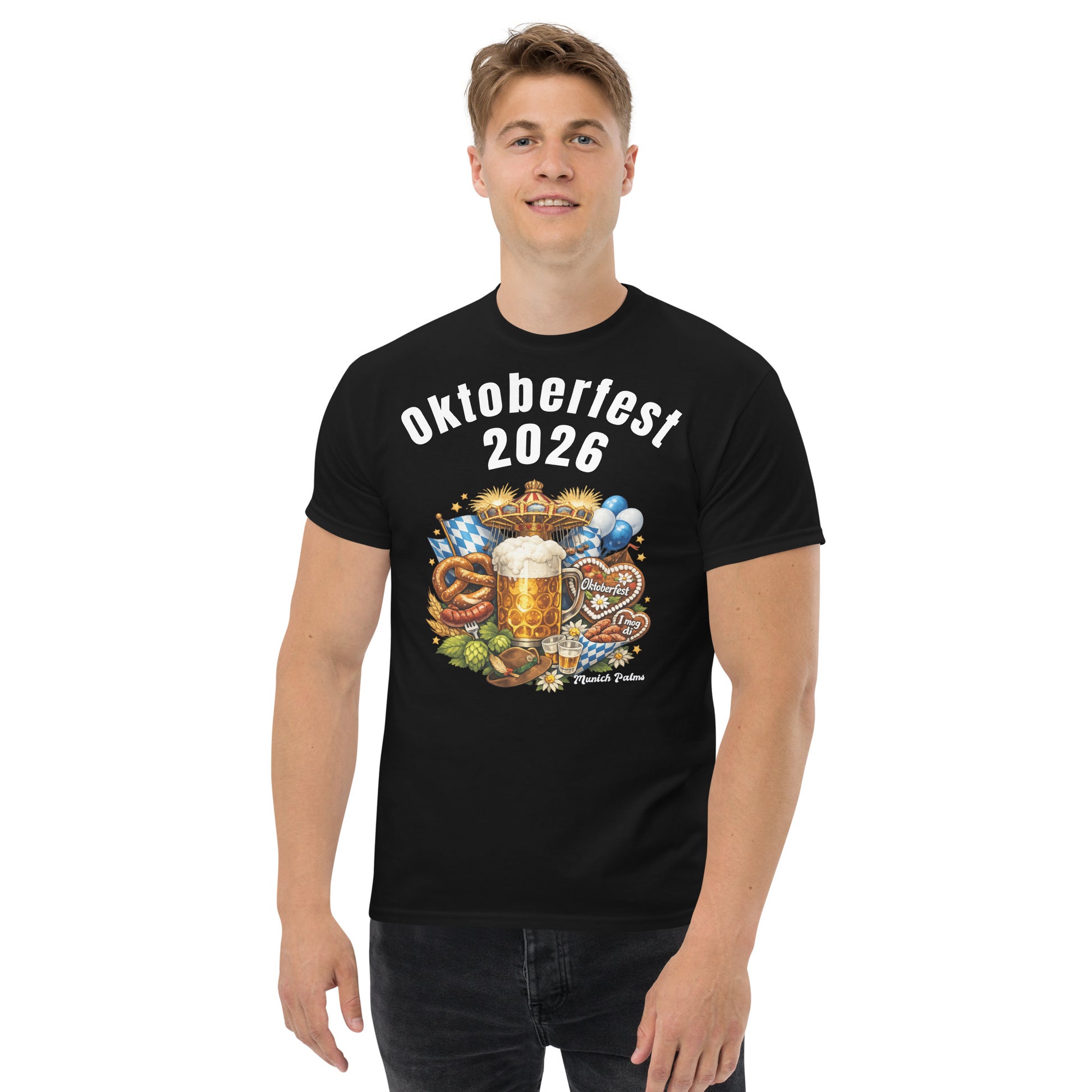 Schwarzes Unisex-T-Shirt Oktoberfest 2026 München Edition mit klassischem Schnitt, vorne sichtbar auf weißem Hintergrund.