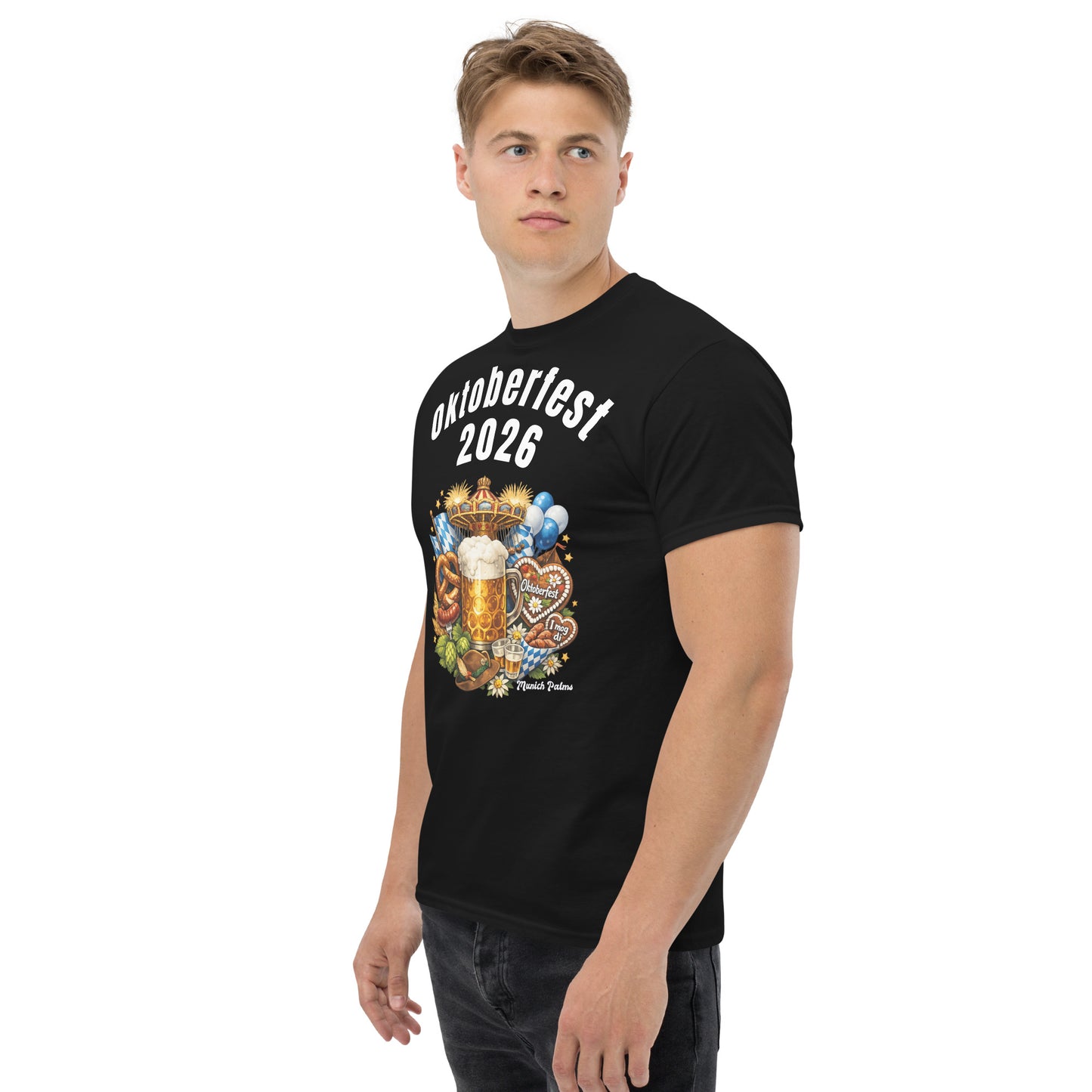 Schwarzes Unisex-T-Shirt Oktoberfest 2026 – München Edition mit klassischem Design, vorne links sichtbar, von Online Kaufhaus München