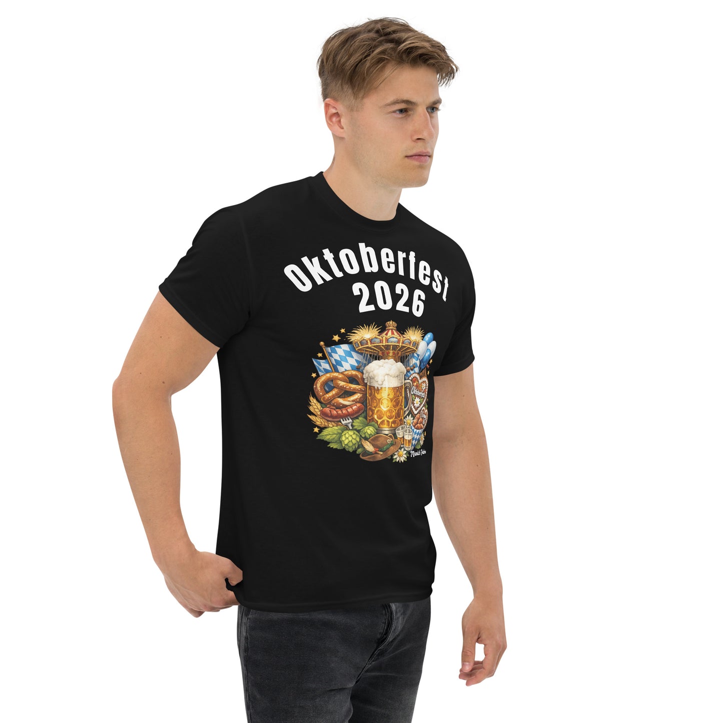 Schwarzes Unisex-T-Shirt Oktoberfest 2026 München Edition, rechte Vorderseite, bequemes Baumwoll-Shirt von Online Kaufhaus München