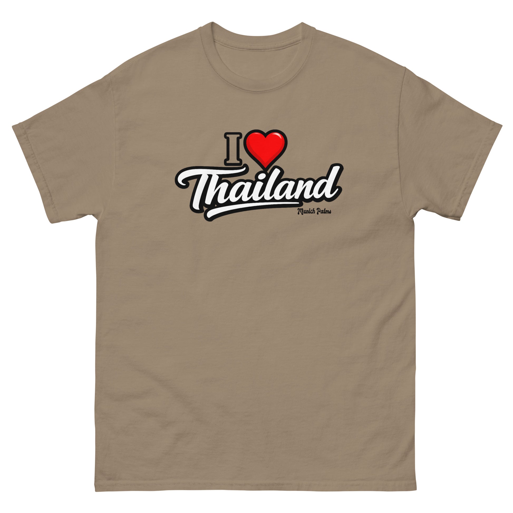 Unisex T-Shirt "I love Thailand" in Braun mit Savana-Muster, klassisches Design, aus Baumwolle, sichtbar im Frontansicht.