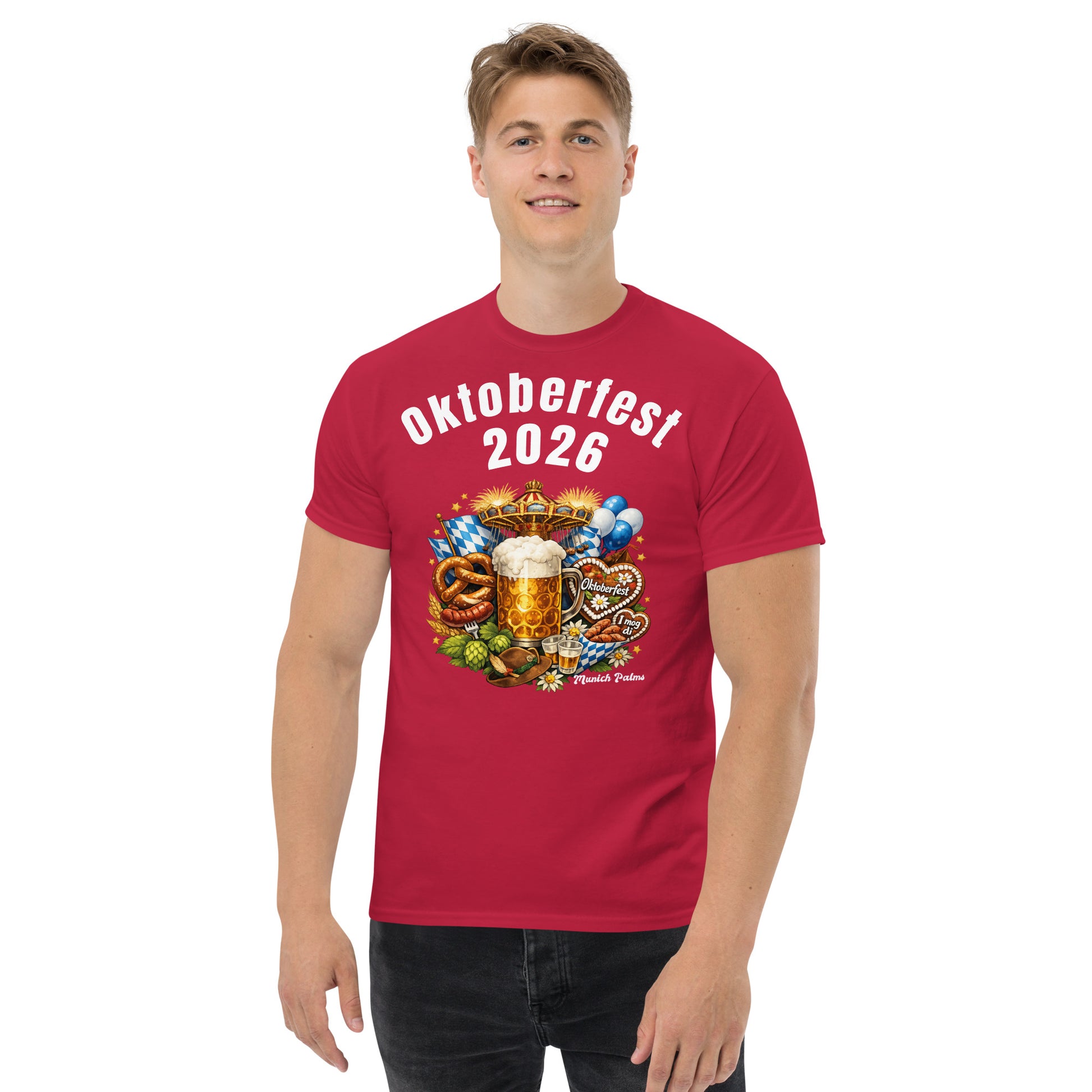 Unisex-T-Shirt Oktoberfest 2026 München Edition, klassisches Design, rote Farbe, Frontansicht, bequemes Baumwollshirt, für Herren und Damen