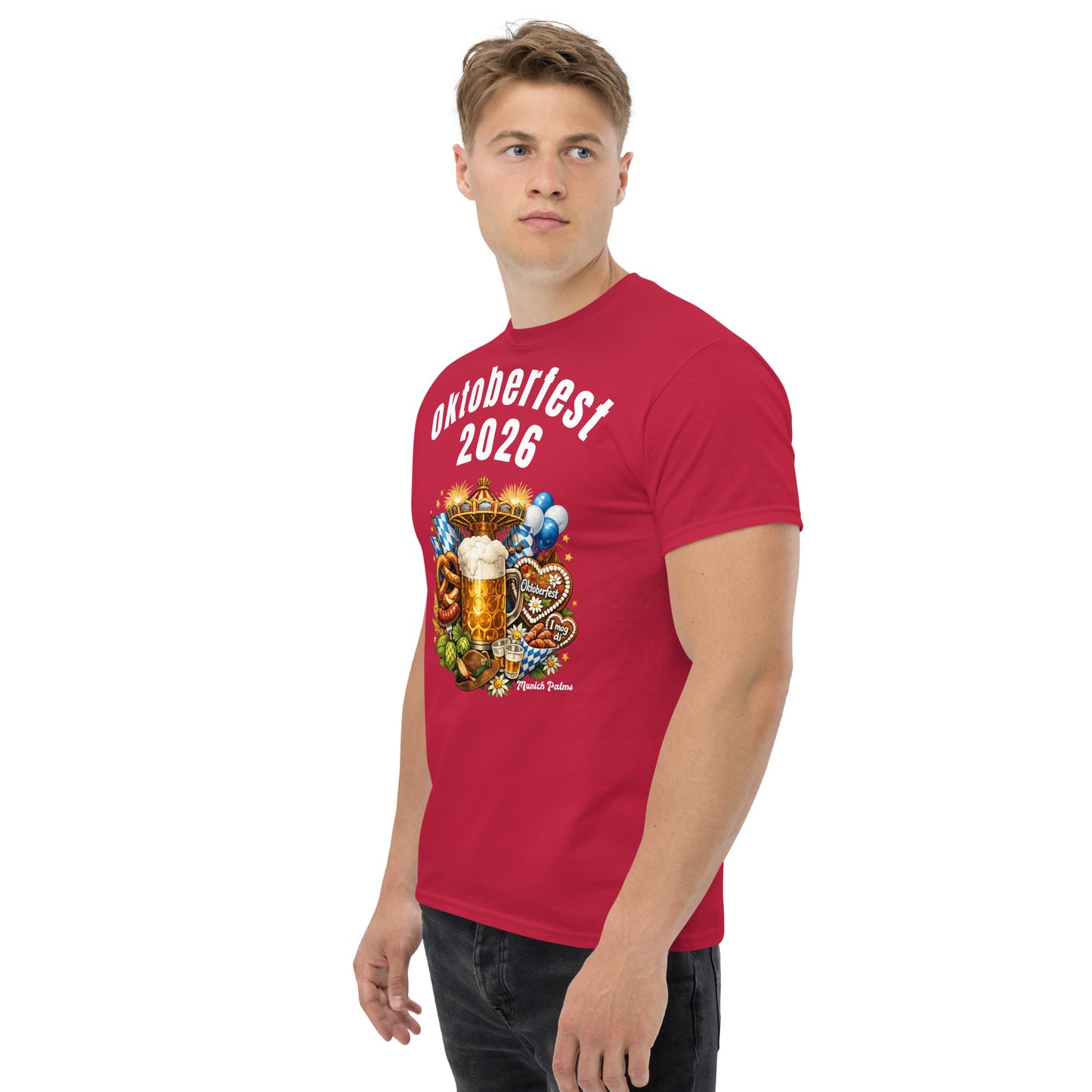Unisex-Klassisches Oktoberfest T-Shirt München Edition, weiches Baumwollshirt mit Oktoberfest-Design, vorne links getragen