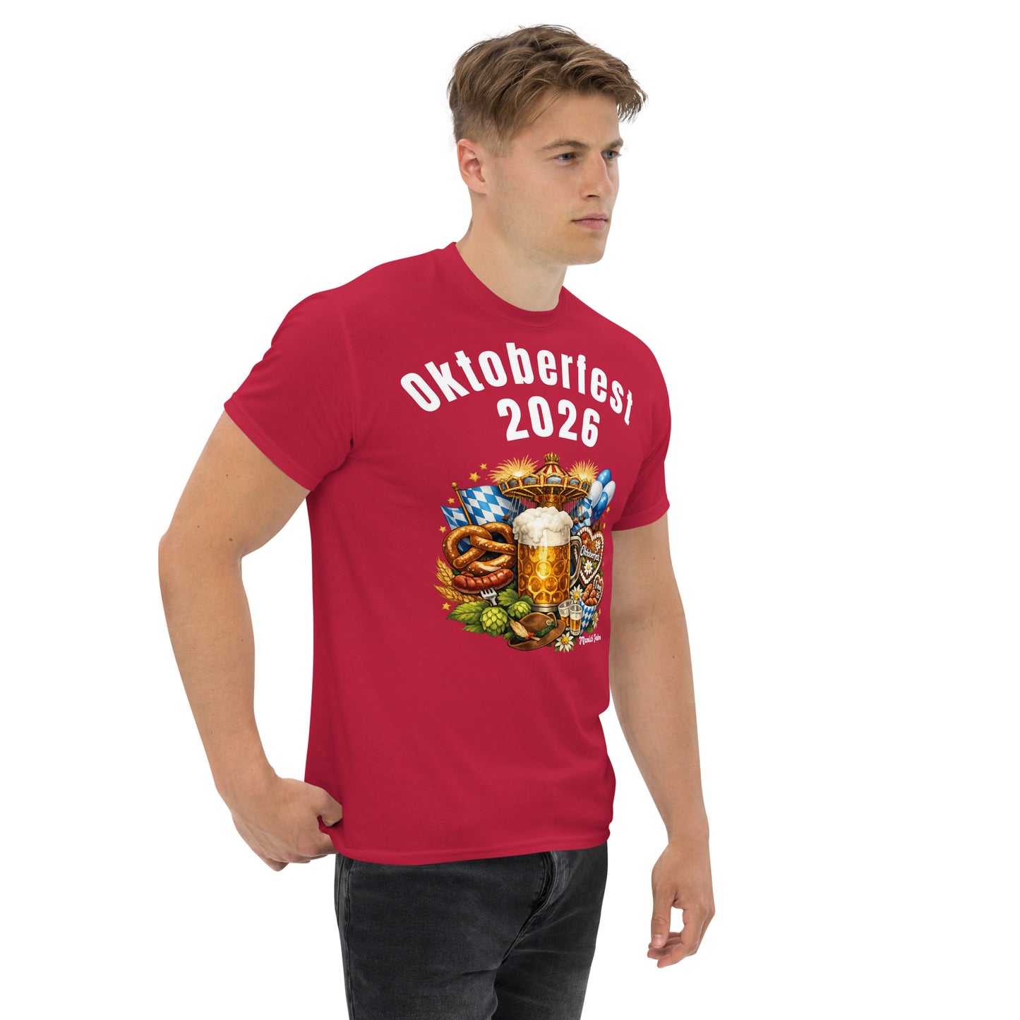 Unisex-Klassisches T-Shirt Oktoberfest 2026 München Edition, weißes T-Shirt mit Oktoberfest-Design, rechte Vorderseite sichtbar