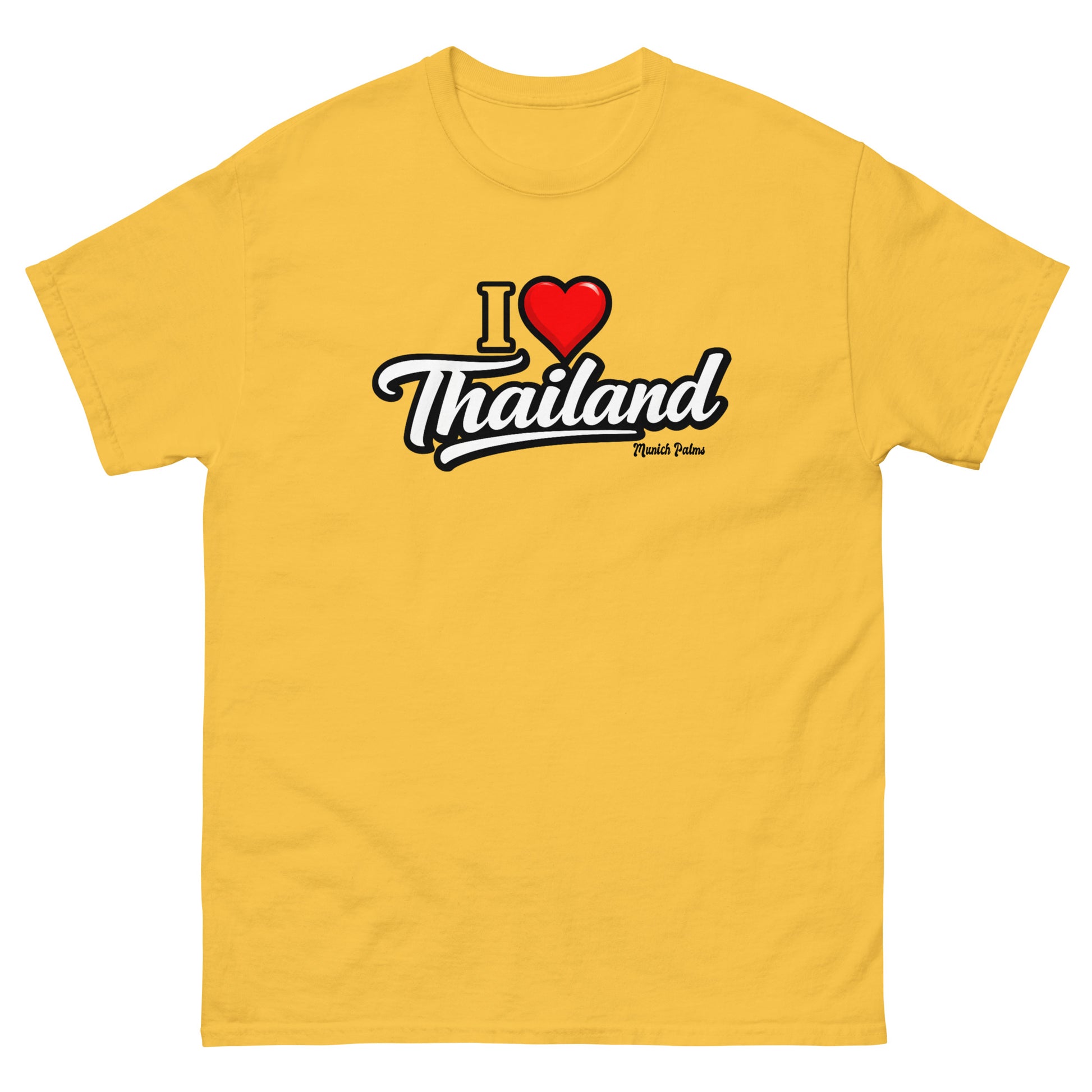 Unisex klassisches T-Shirt mit "I love Thailand" Druck, weiße Baumwollqualität, frontale Ansicht, von Online Kaufhaus München