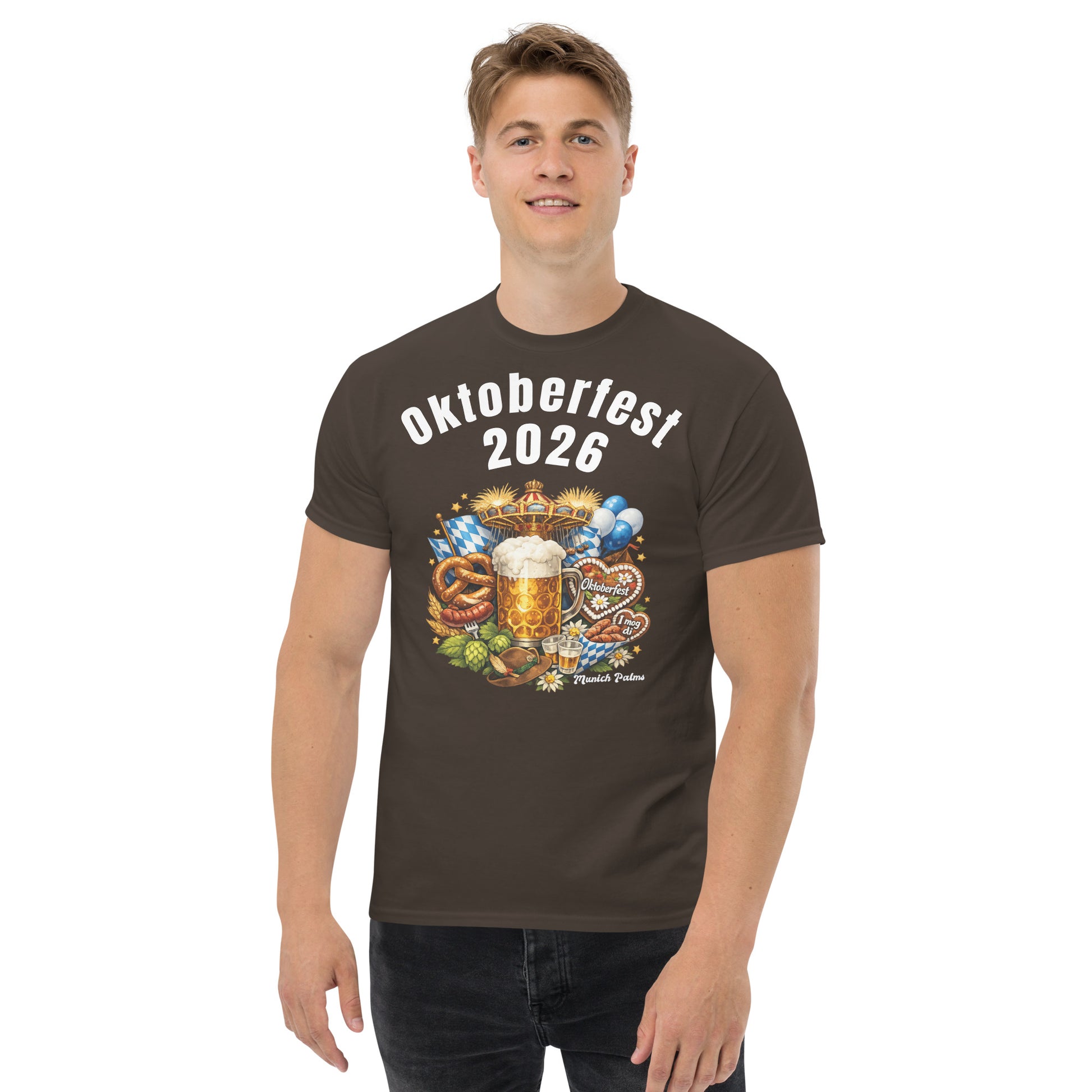 Unisex-Klassisches Oktoberfest T-Shirt München Edition in Dunkelbraun mit Oktoberfest-Design, für Damen und Herren.