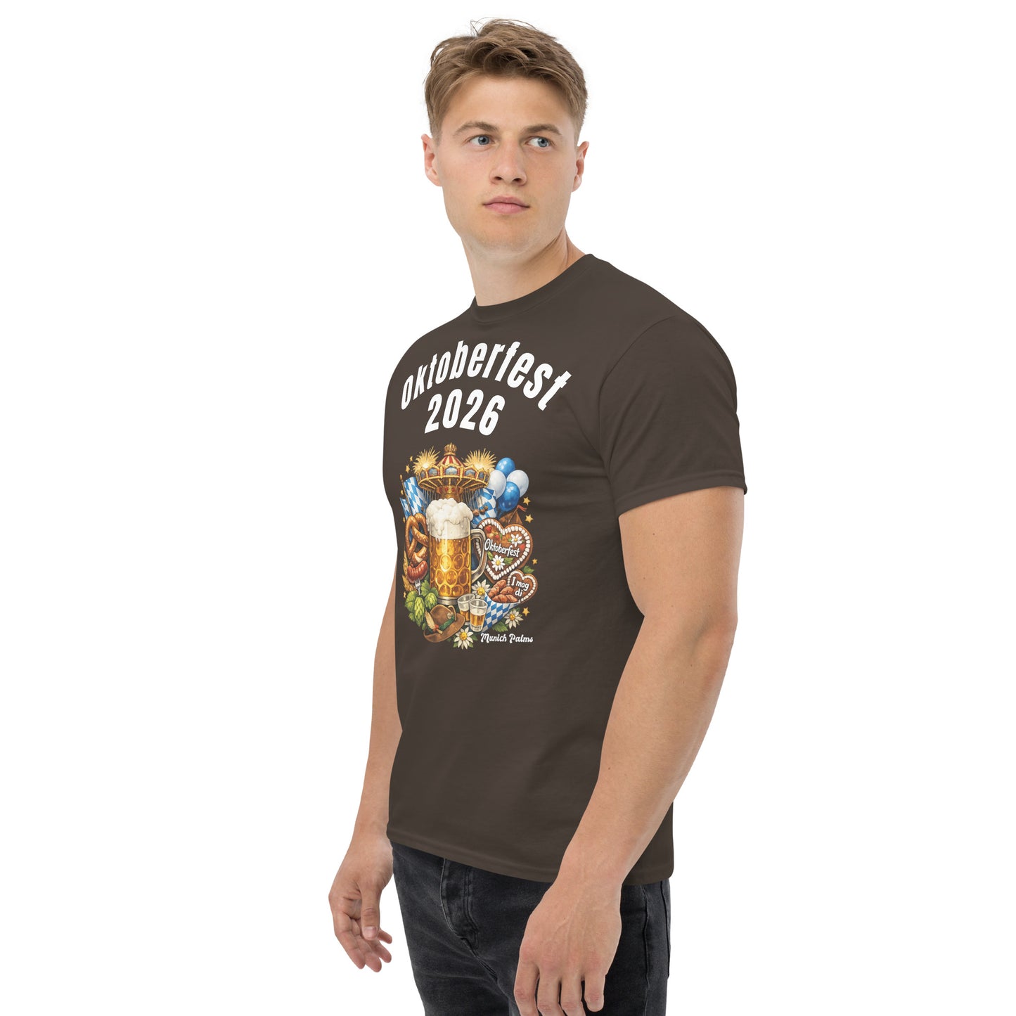 Unisex-T-Shirt Oktoberfest 2026 München Edition, dunkle Schokolade, klassisches Design, vorne links sichtbar, von Online Kaufhaus München