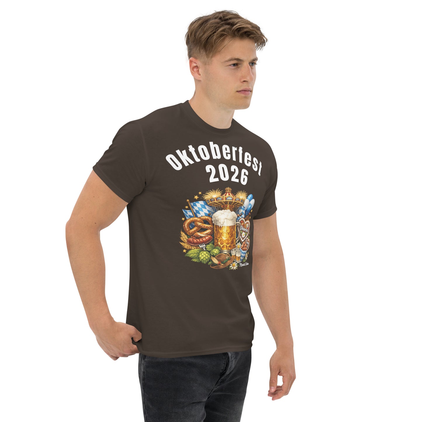 Klassisches Unisex-T-Shirt Oktoberfest 2026 München-Edition, dunkle Schokolade, rechte Vorderseite, bequemes Baumwollshirt