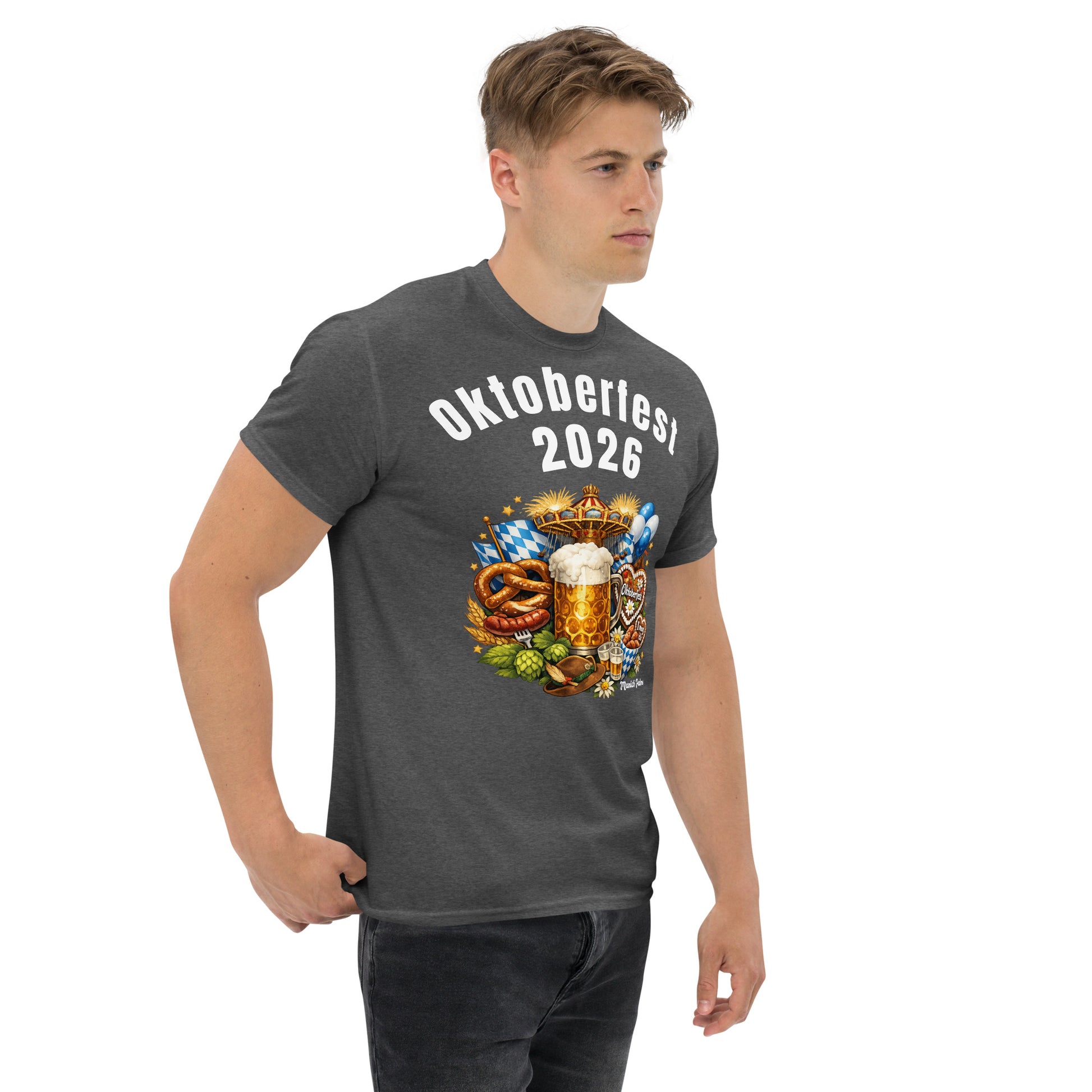 Unisex-T-Shirt München Edition mit Oktoberfest 2026 Aufdruck, dunkles Heather-Farbdesign, rechte Vorderseite, Online Kaufhaus München