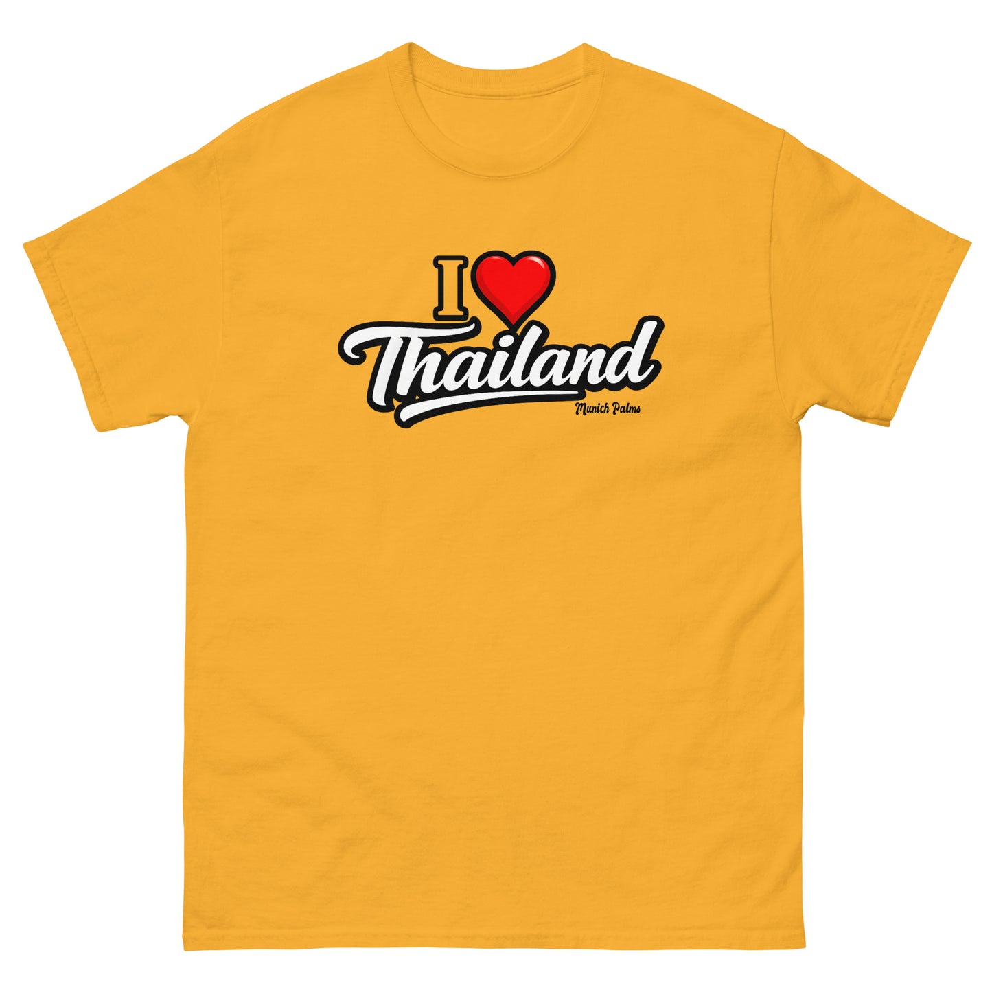 Unisex klassisches T-Shirt mit "I love Thailand" Aufdruck, goldfarbenes Design, bequemes Basic-Shirt für Damen und Herren