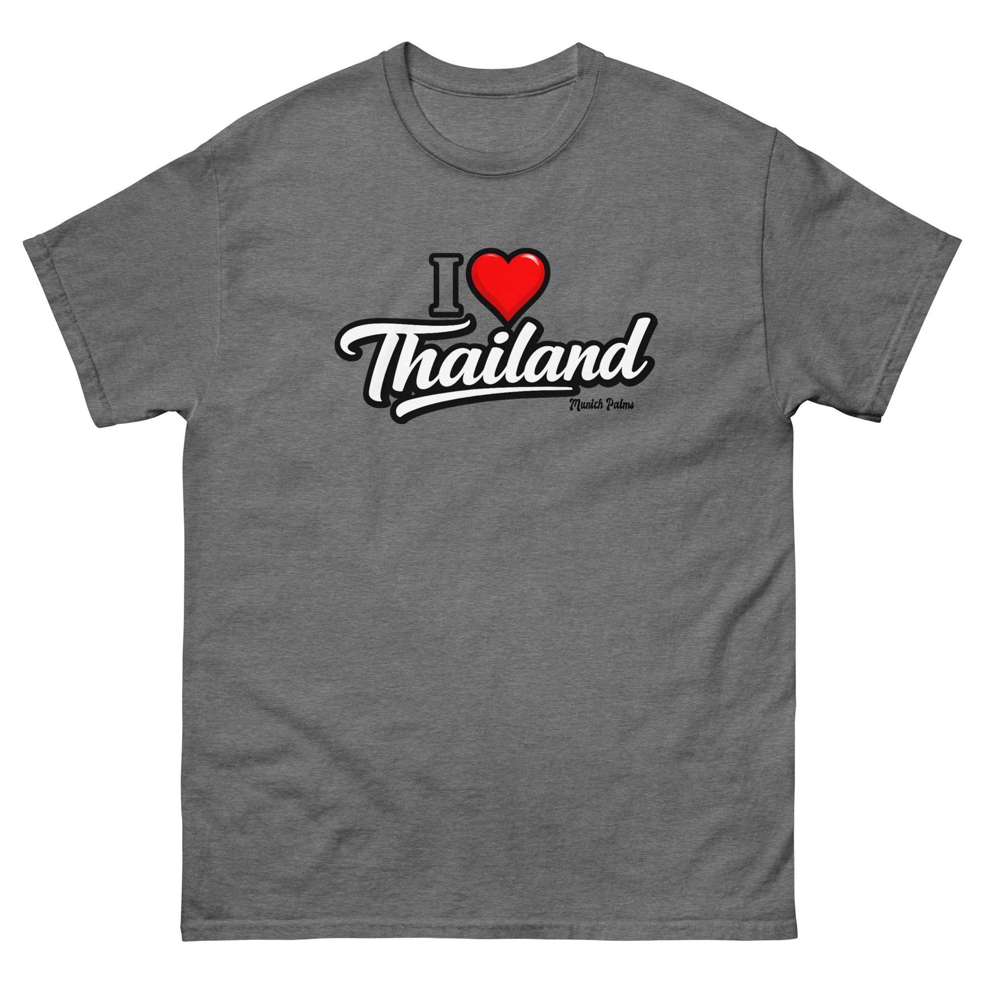 Unisex T-Shirt mit "I love Thailand" Druck in Graphit Heather, klassischer Schnitt, von Online Kaufhaus München.