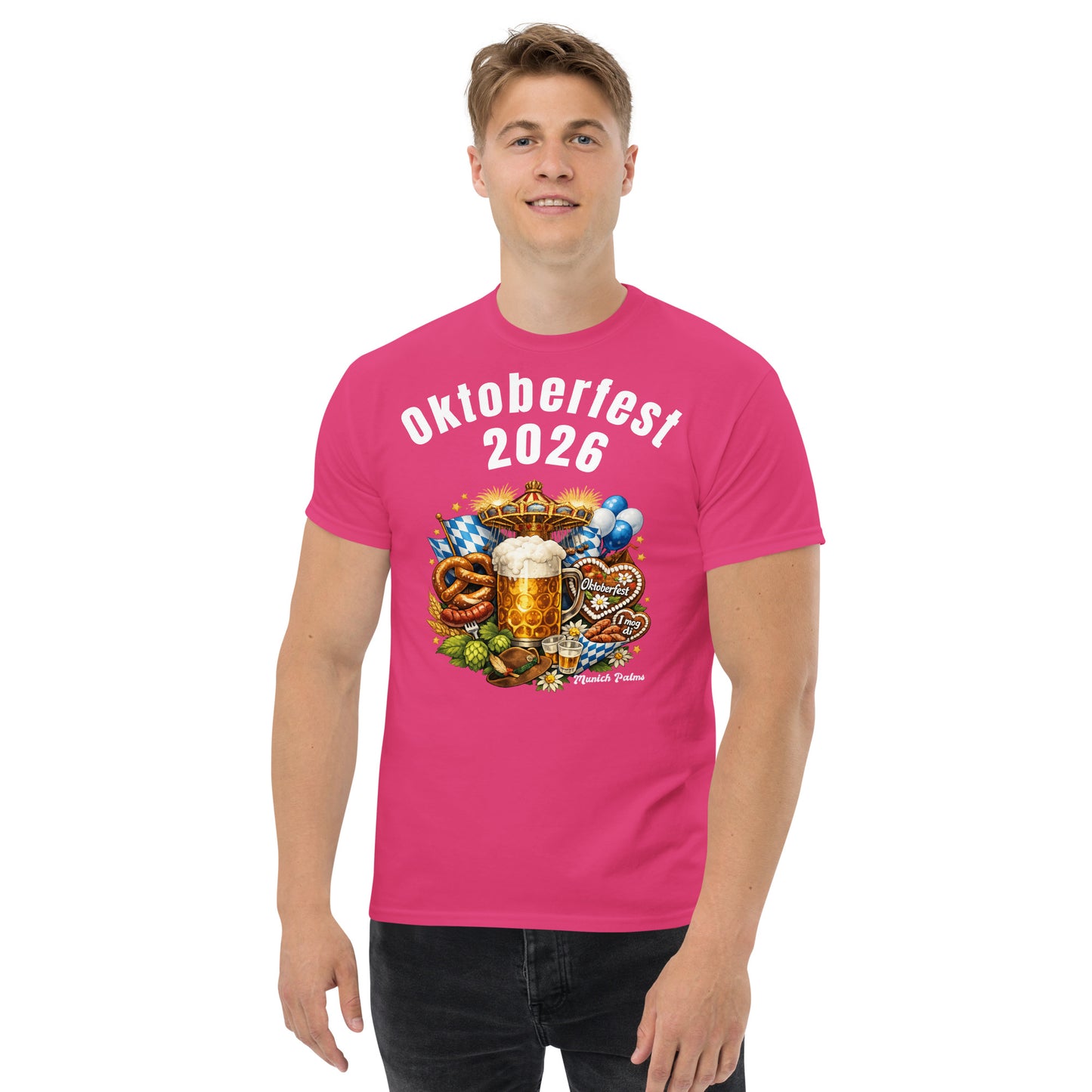 Unisex-T-Shirt Oktoberfest 2026 München Edition mit traditionellem Design, aus Baumwolle, frontale Ansicht, von Online Kaufhaus München
