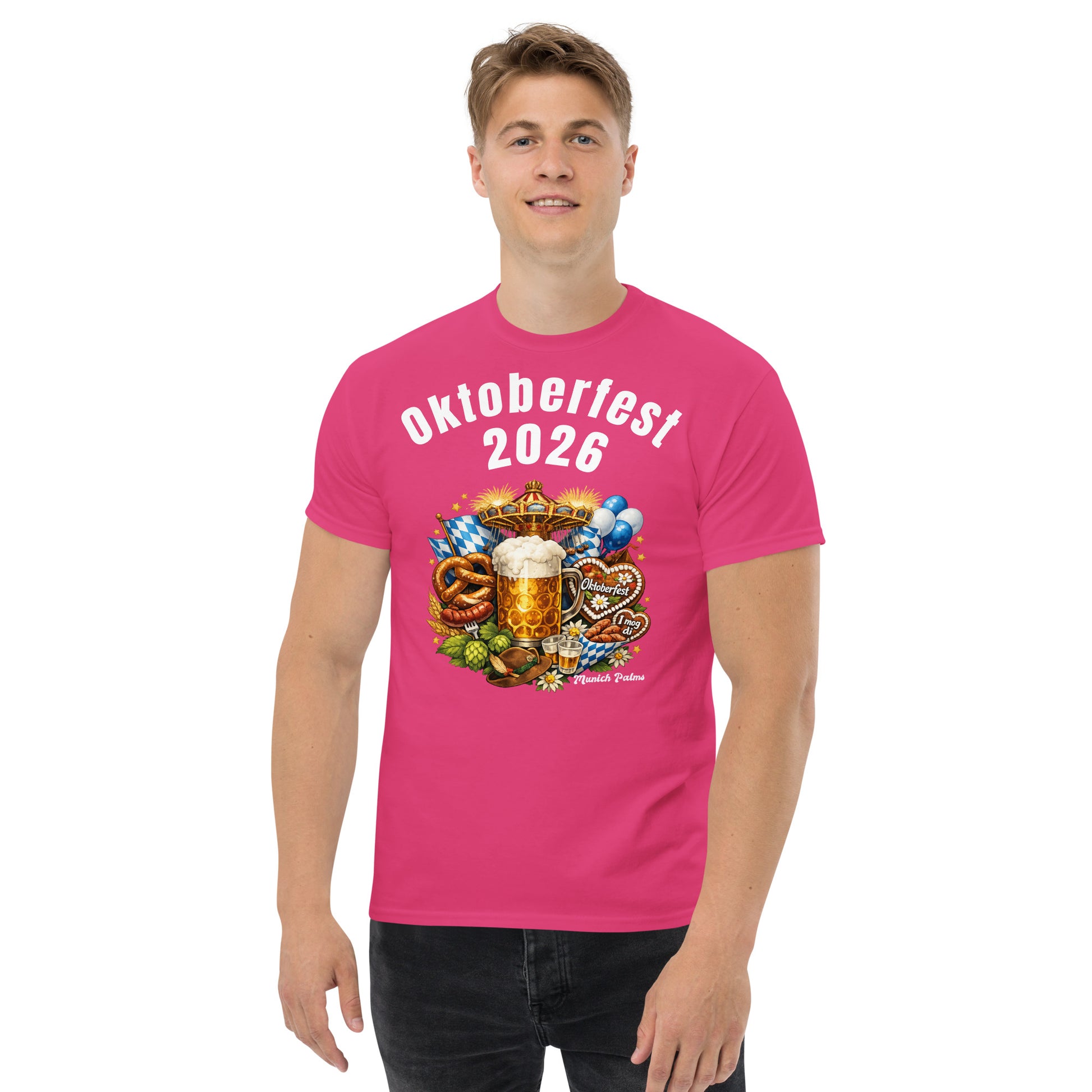 Unisex-T-Shirt Oktoberfest 2026 München Edition mit traditionellem Design, aus Baumwolle, frontale Ansicht, von Online Kaufhaus München