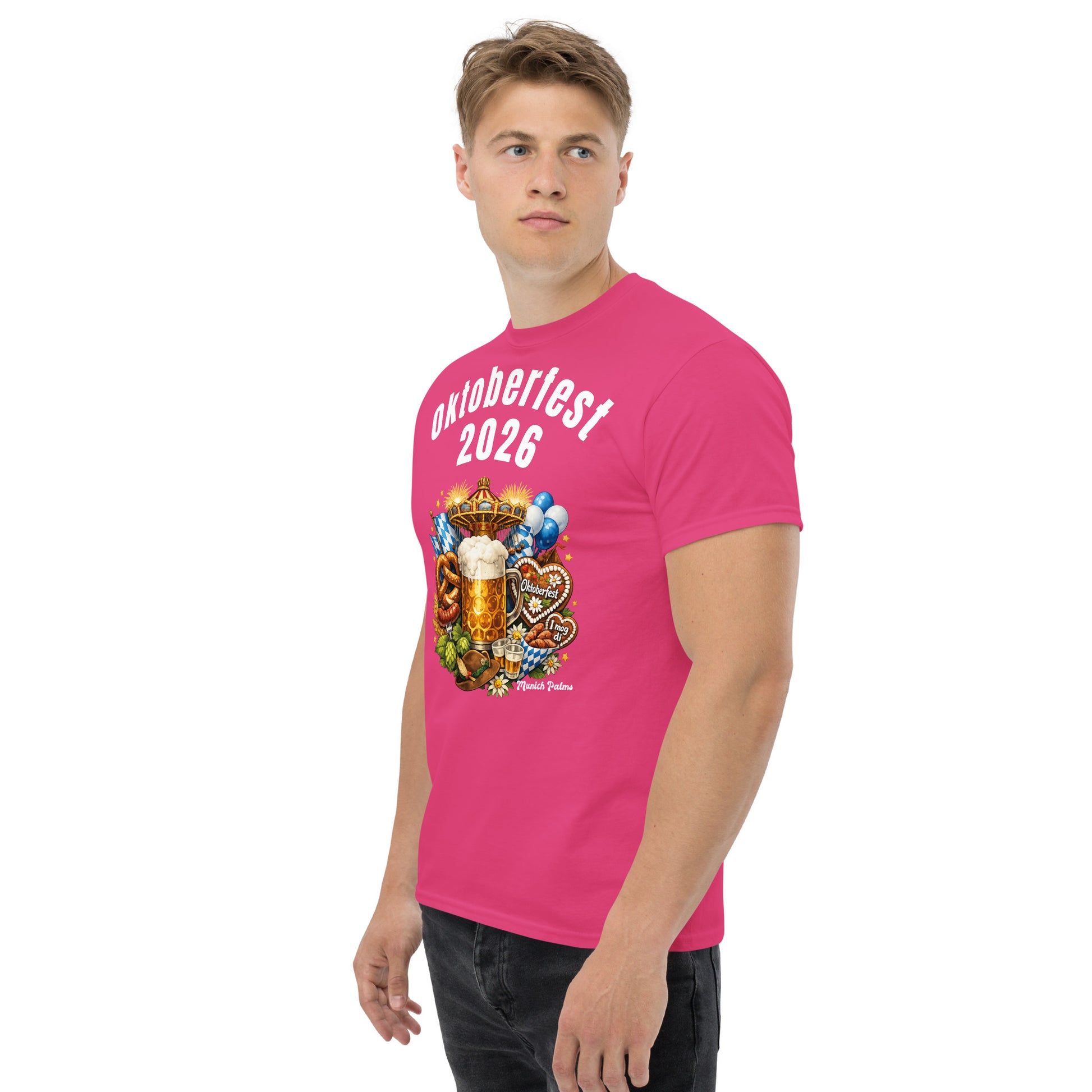 Klassisches Unisex-T-Shirt Oktoberfest 2026 München Edition, weiße Baumwoll-T-Shirt mit Oktoberfest-Design, vorne links sichtbar
