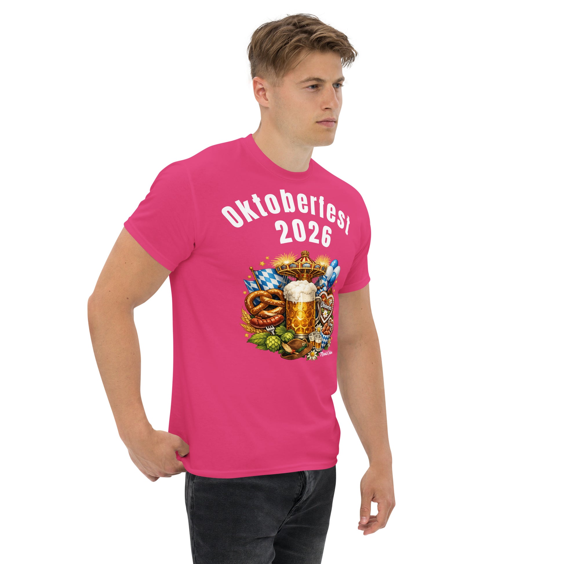 Unisex-Klassisches Oktoberfest T-Shirt München Edition mit Heliconia-Design, rechte Vorderseite, bequemes Baumwollshirt