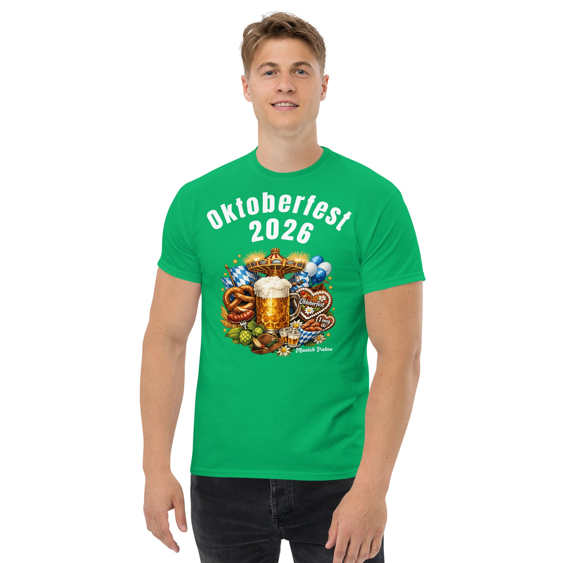 Unisex-Klassisches T-Shirt Oktoberfest 2026 München Edition in grün, vorne sichtbar, bequemes Baumwollshirt für Damen und Herren