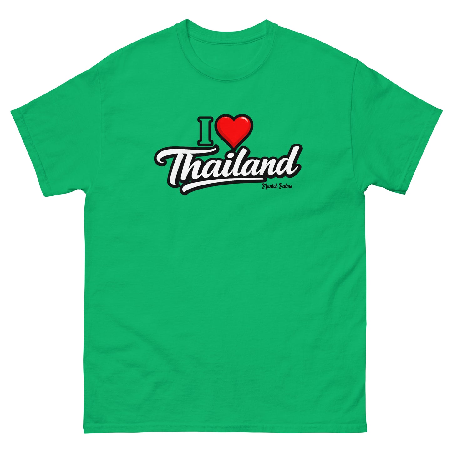 Unisex T-Shirt "I Love Thailand" in Irish Green, klassisches Design, aus Baumwolle, vorne sichtbar, modisches Freizeitshirt.