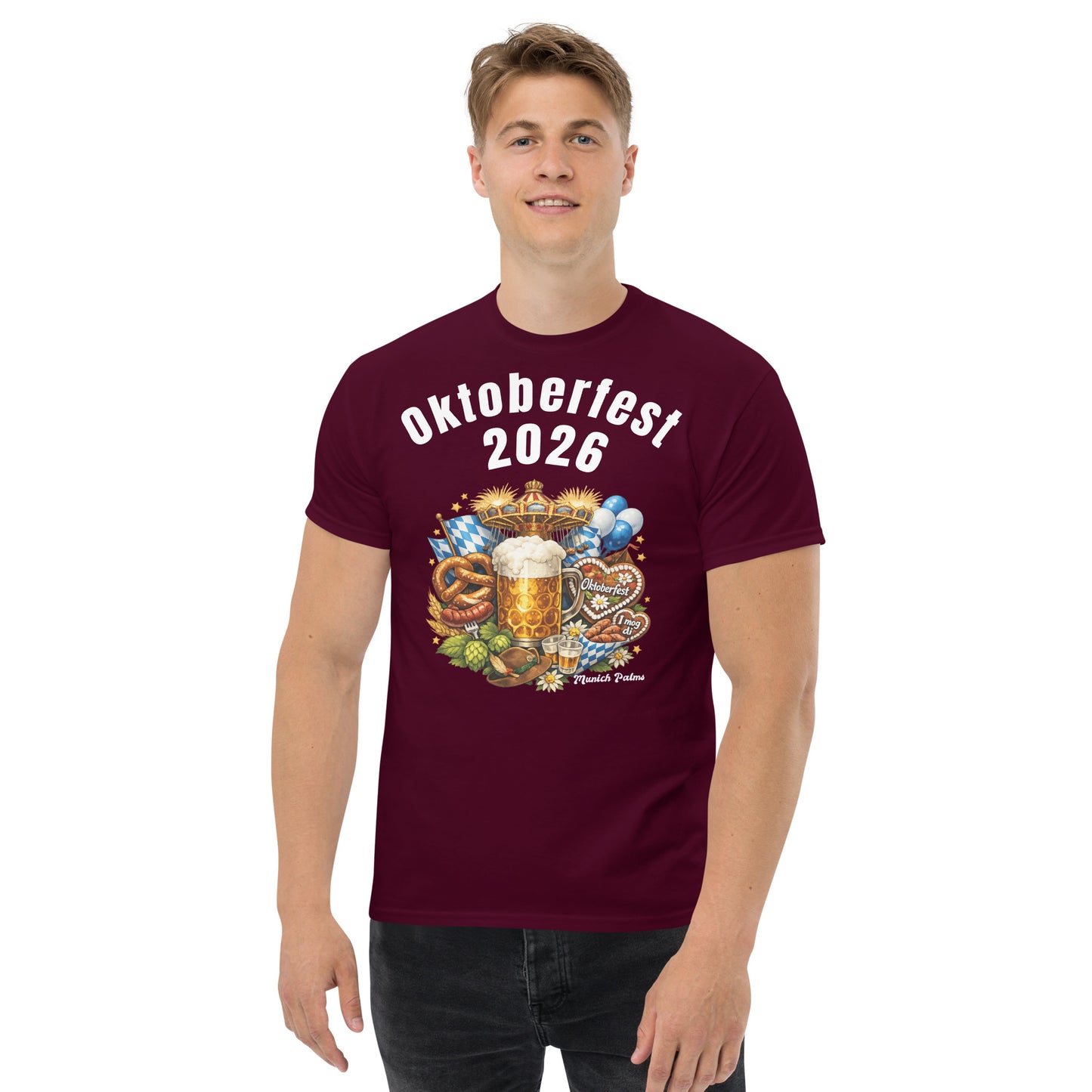 Unisex-Klassisches Oktoberfest T-Shirt München Edition in Maroon, Frontansicht, bequemes T-Shirt für Oktoberfest 2026.