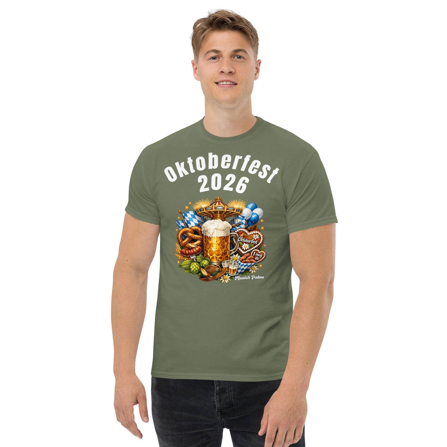 Klassisches Unisex-T-Shirt Oktoberfest 2026 in Olivgrün, Frontansicht, bequemes Baumwollshirt im Münchner Stil.