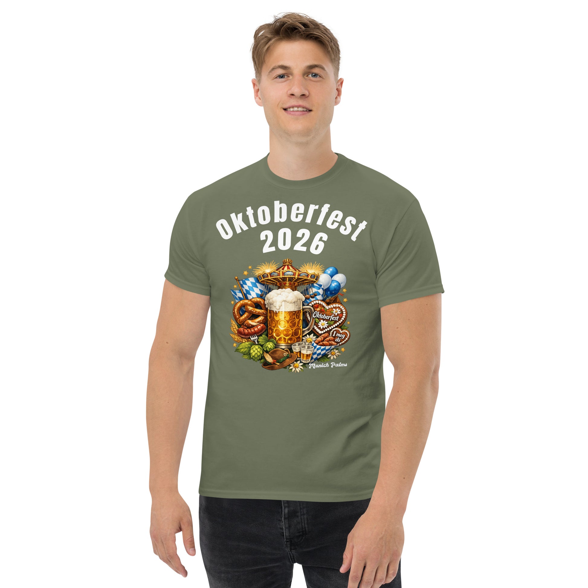 Klassisches Unisex-T-Shirt Oktoberfest 2026 in Olivgrün, Frontansicht, bequemes Baumwollshirt im Münchner Stil.