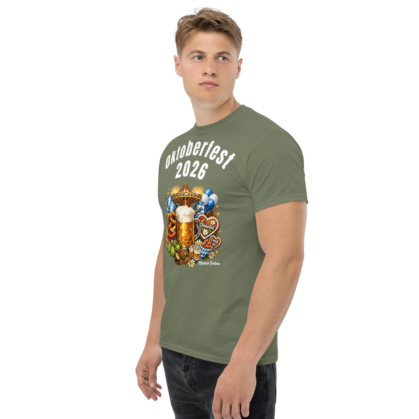 Unisex-T-Shirt Oktoberfest 2026 München Edition in Olivgrün, Vorderseite mit klassischem Design, bequemes Unisex-Shirt von Online Kaufhaus München.