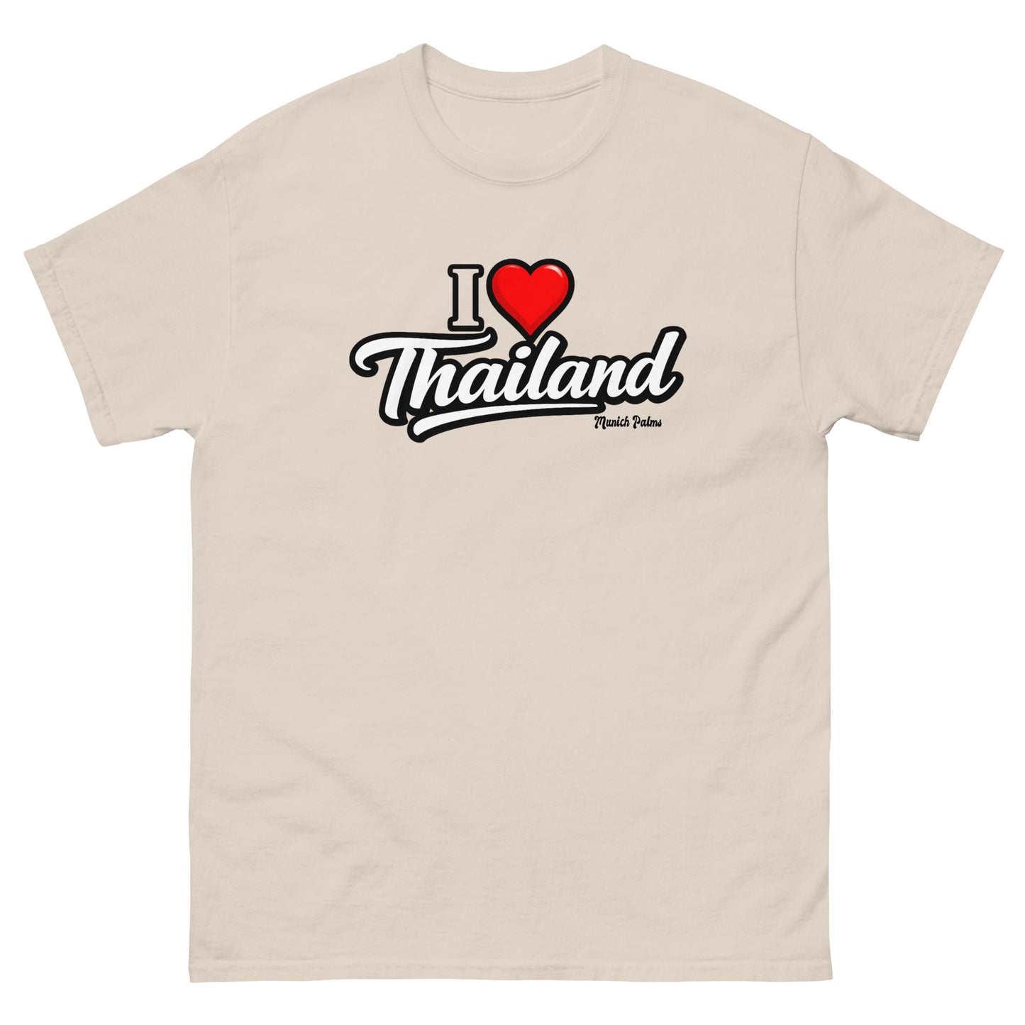 Unisex T-Shirt mit "I love Thailand" Druck, klassisches Design, natürliche Farbe, Vorderansicht, von Online Kaufhaus München