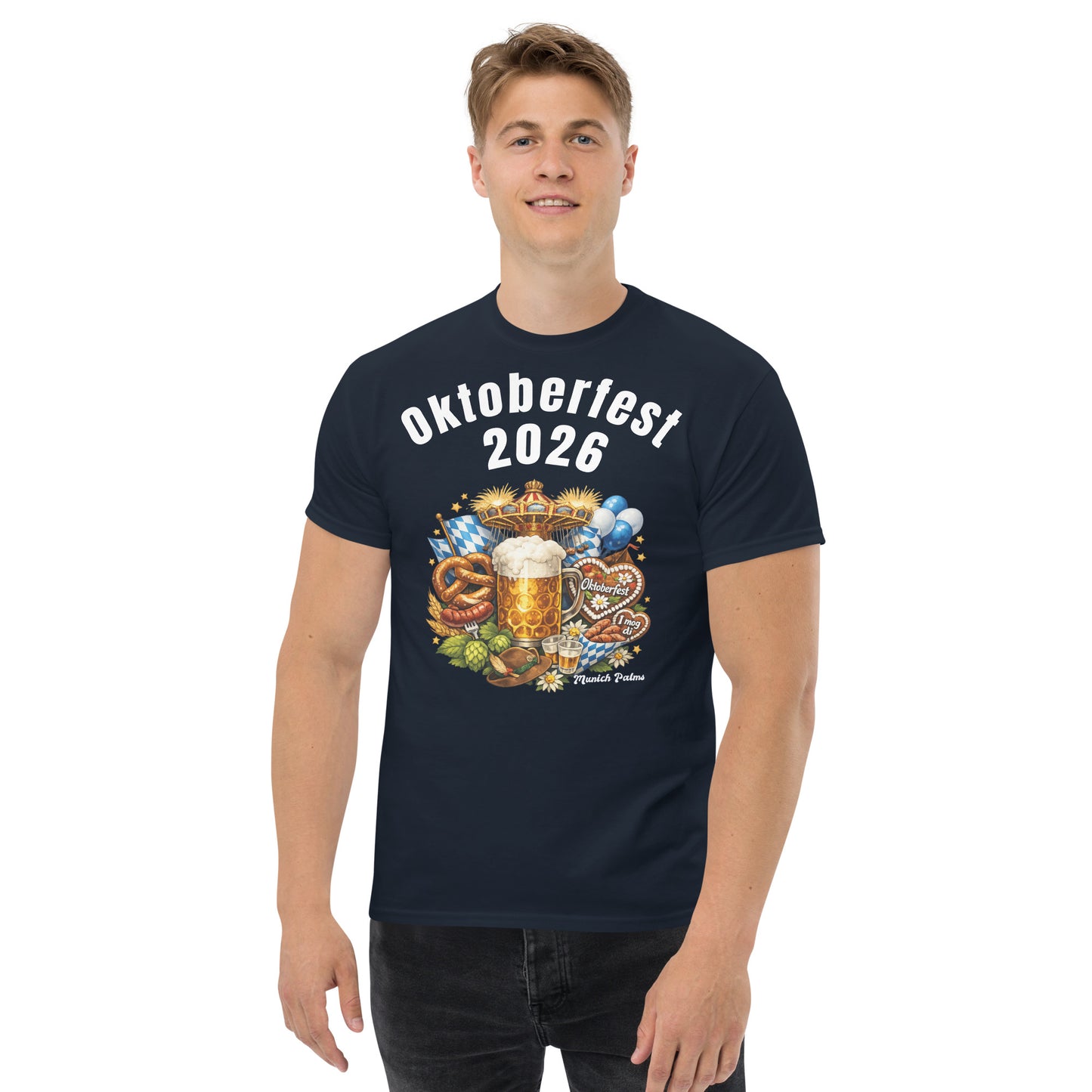Klassisches Unisex-T-Shirt Oktoberfest 2026 München Edition, navyfarbenes T-Shirt mit Oktoberfest-Design, Frontansicht