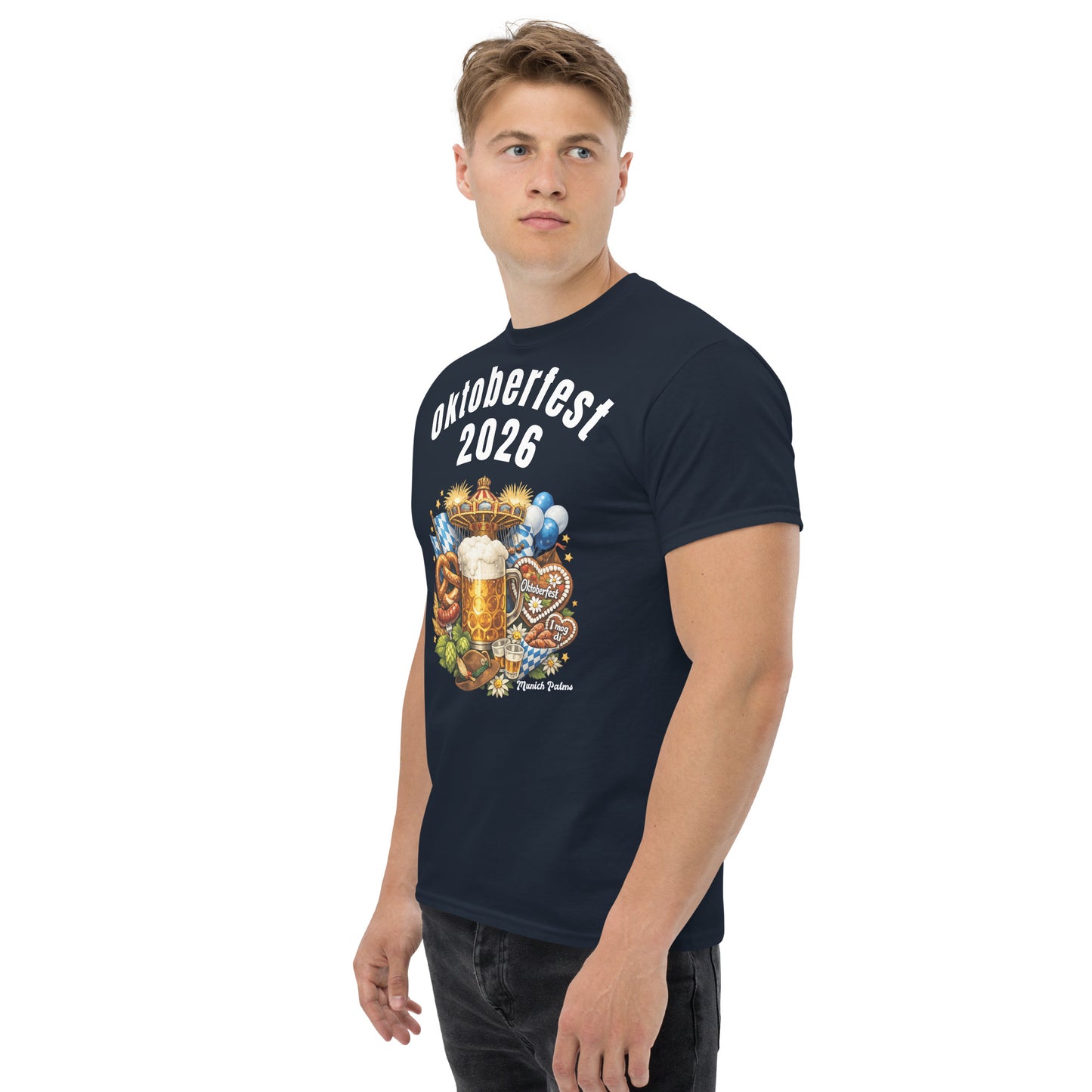 Navyfarbenes Unisex-T-Shirt Oktoberfest 2026 München Edition, klassisches Design, links vorne sichtbar, von Online Kaufhaus München
