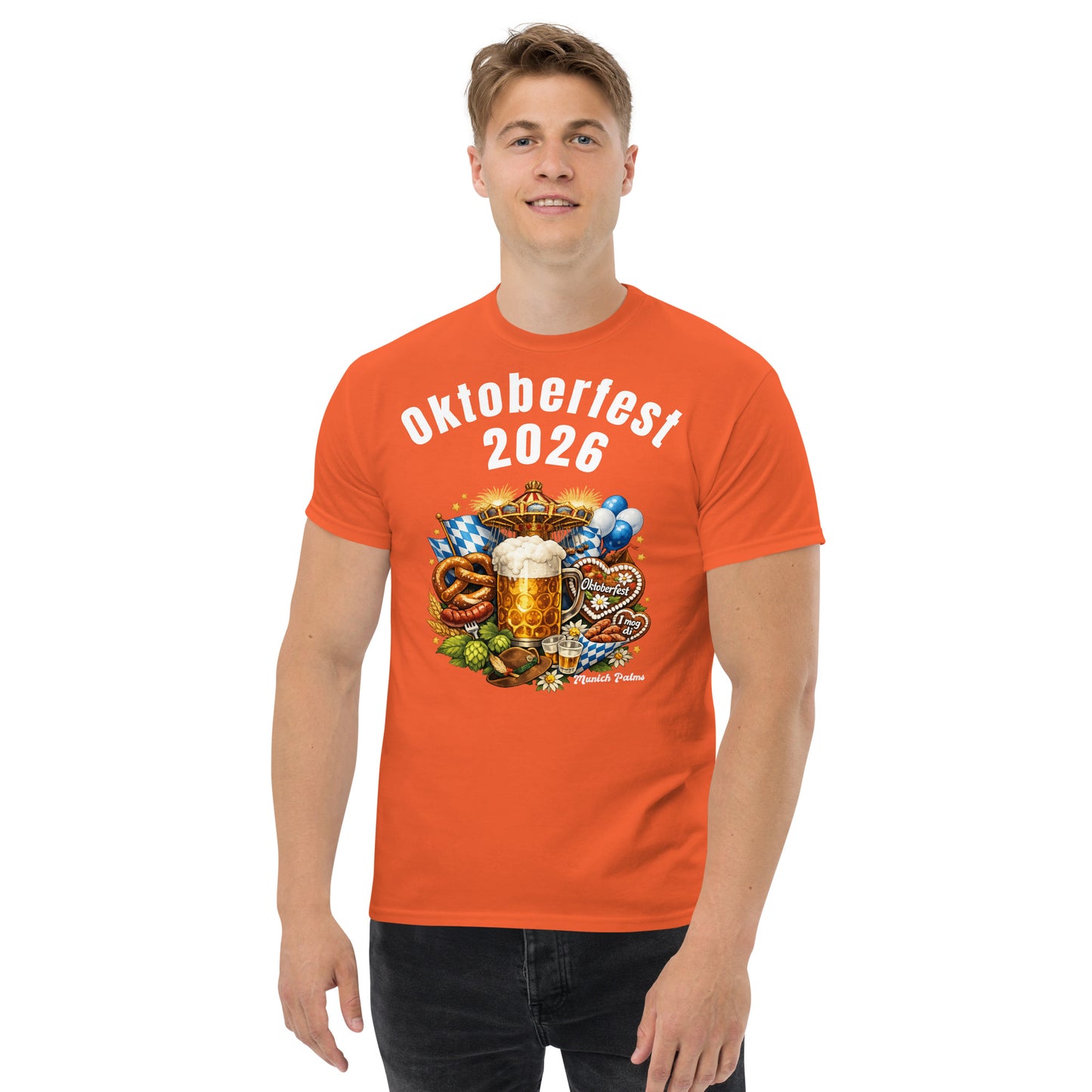 Orangenes Unisex-T-Shirt Oktoberfest 2026 München Edition, klassisch, bequemer Schnitt, Frontansicht, von Online Kaufhaus München